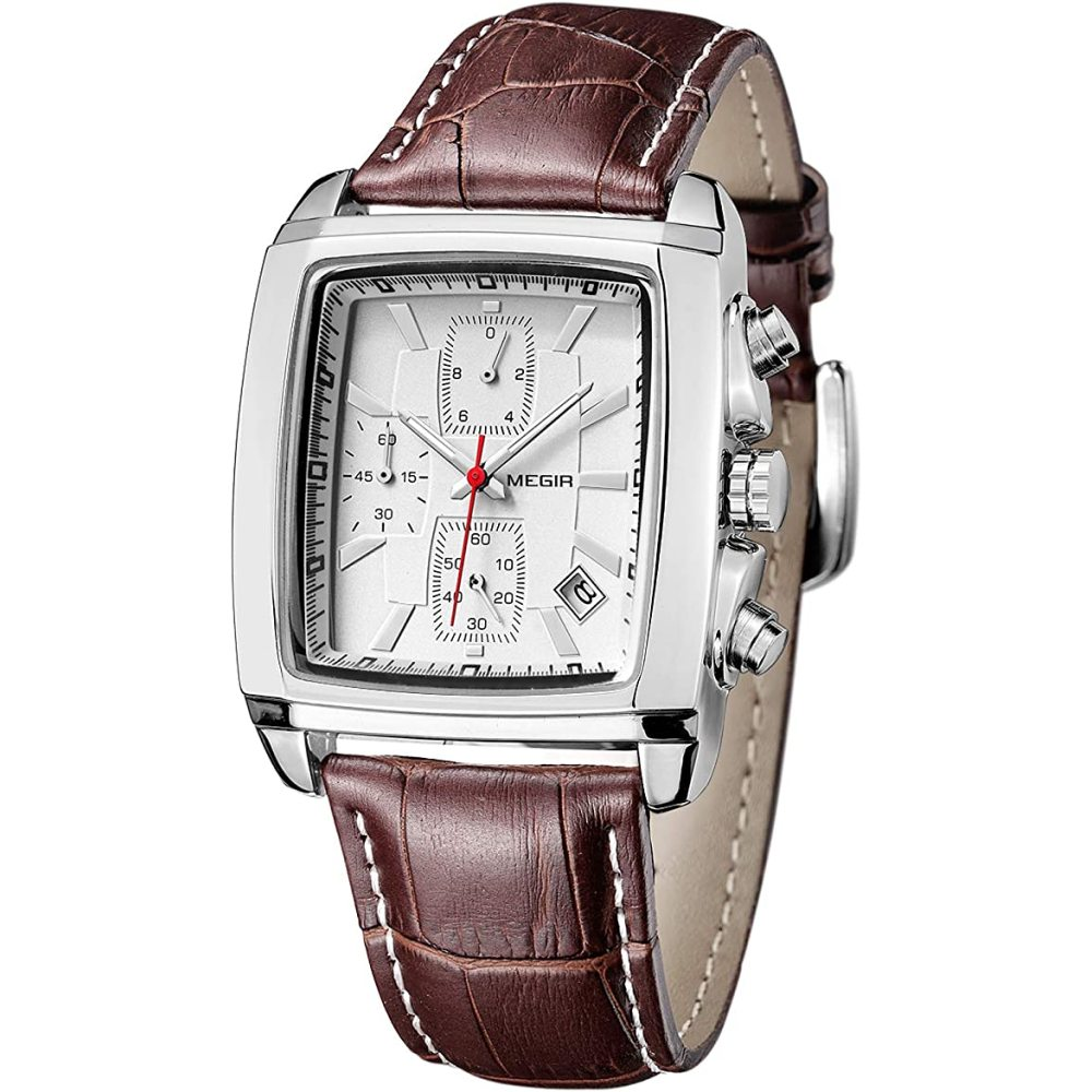 Eine rechteckige silberne Uhr mit weißem Zifferblatt, schwarzen Zahlen und einem braunen Lederarmband. Die Uhr hat mehrere Unterzifferblätter.