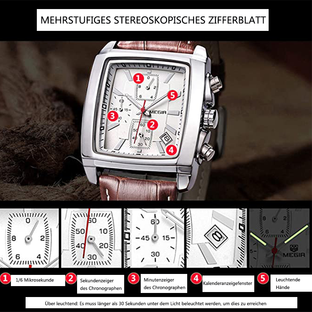 Nahaufnahme einer silbernen Uhr mit braunem Lederarmband. Sie hat ein weißes Zifferblatt mit mehreren Hilfszifferblättern und Zeigern.