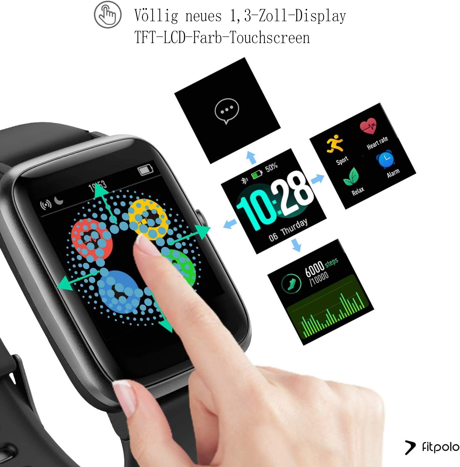 Eine Hand berührt den Bildschirm einer Smartwatch, die Zeit, Schritte und Gesundheitssymbole anzeigt. Die Uhr ist schwarz, mit weißem Text, auf hellem Grund.