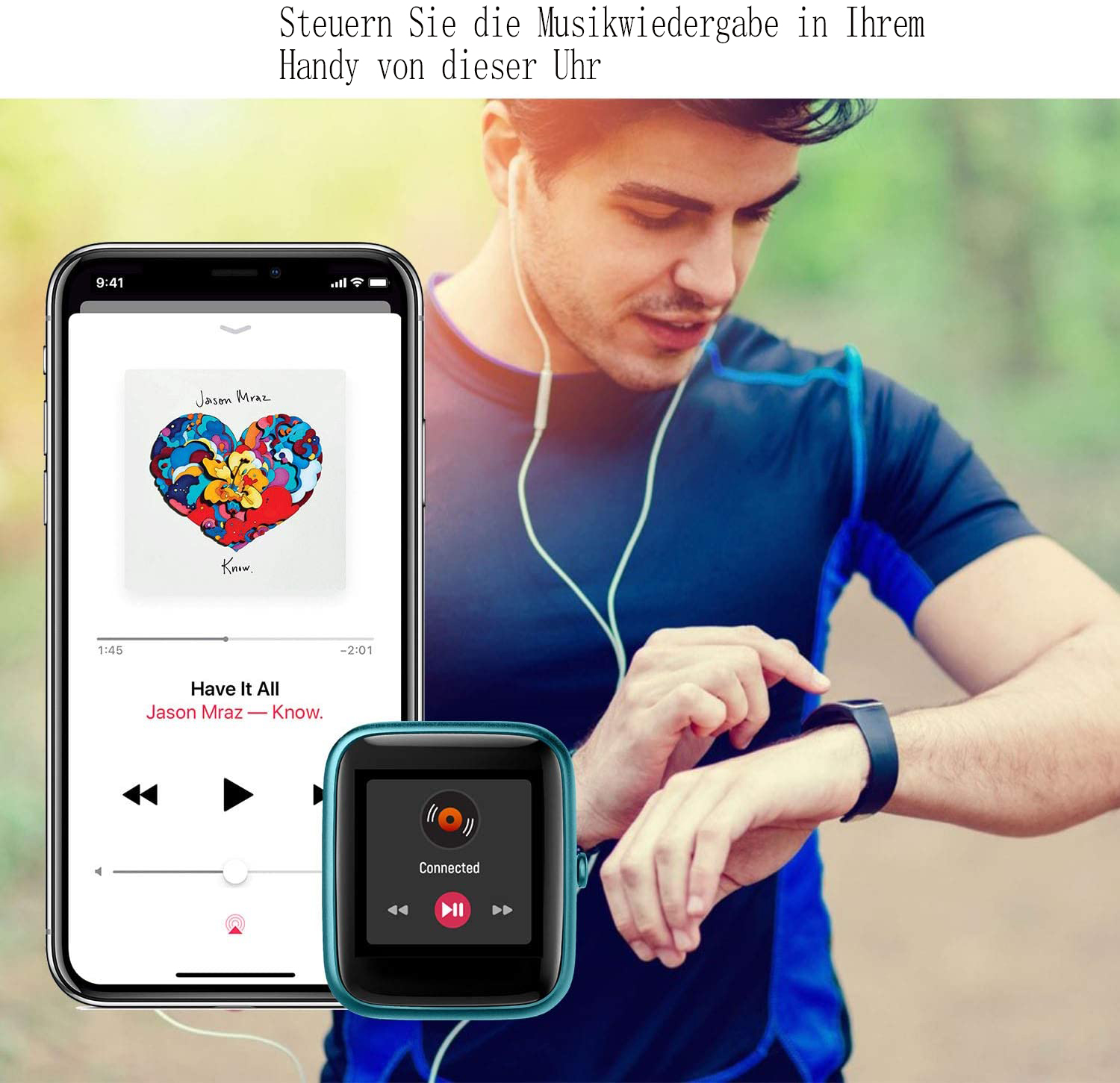 Ein Mann steuert Musik auf seinem Handy über eine Smartwatch. Das Handy zeigt das Jason Mraz Album 'Know'. Die Uhr zeigt 'verbunden'.