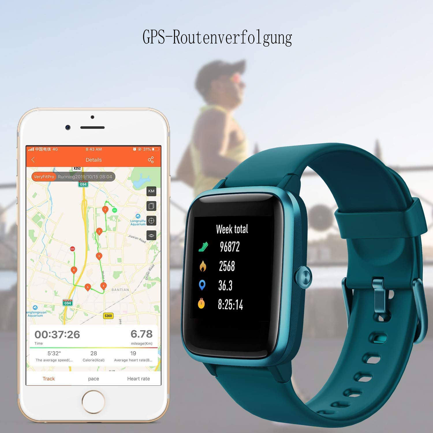 Smartphone und teal Smartwatch mit Laufdaten. Im Hintergrund joggt eine Person. Das Telefon zeigt eine Karte.