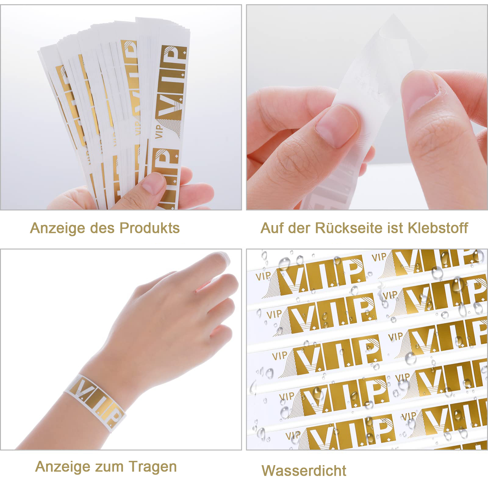 Vier Bilder zeigen VIP-Armbänder, Klebstoff, Tragen am Handgelenk und einen Wasserdichtigkeitstest. Goldener Text auf Weiß. Wassertropfen.