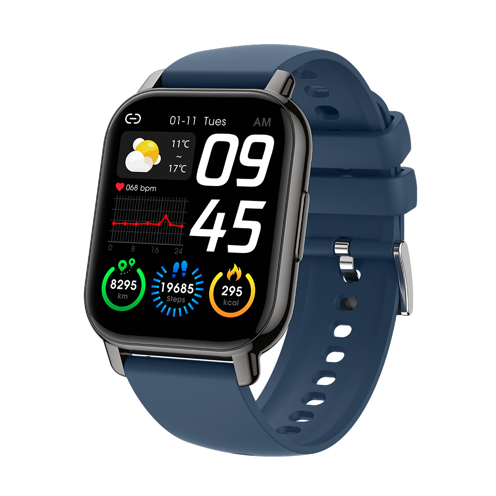 Eine dunkelblaue Smartwatch zeigt Zeit, Datum, Wetter, Herzfrequenz, Schritte und Kalorien an. Die Uhr hat ein blaues Armband und einen dunklen Metallrahmen.