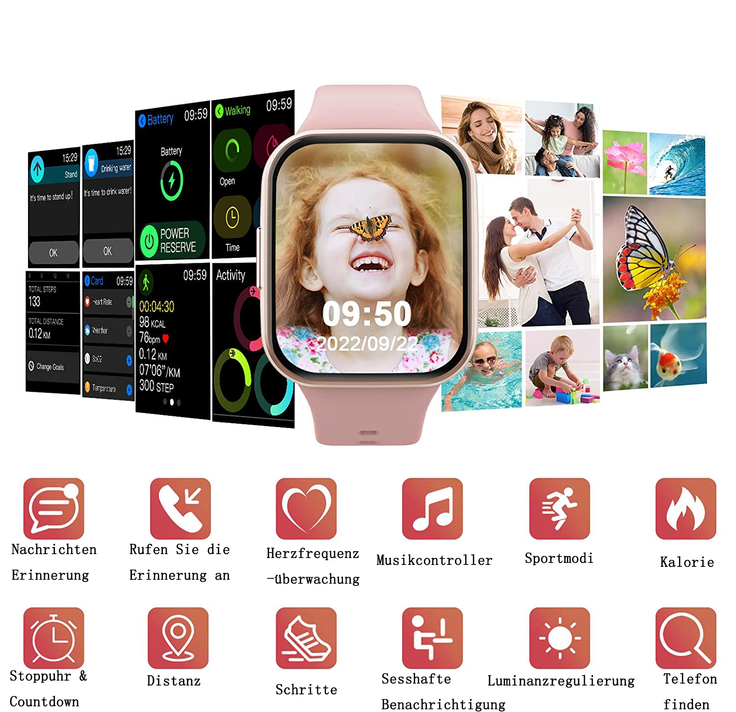 Eine Smartwatch zeigt Zeit, Gesundheitsdaten und App-Symbole an. Ein Kind mit einem Schmetterling auf der Nase befindet sich auf dem Zifferblatt.