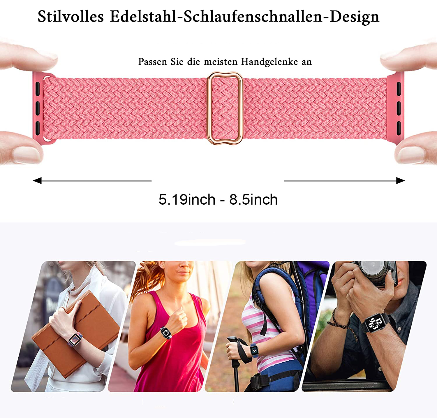 Ein pinkfarbenes Uhrenarmband mit Metallschnalle wird gezeigt. Unten sind vier Bilder von Personen, die Smartwatches tragen.