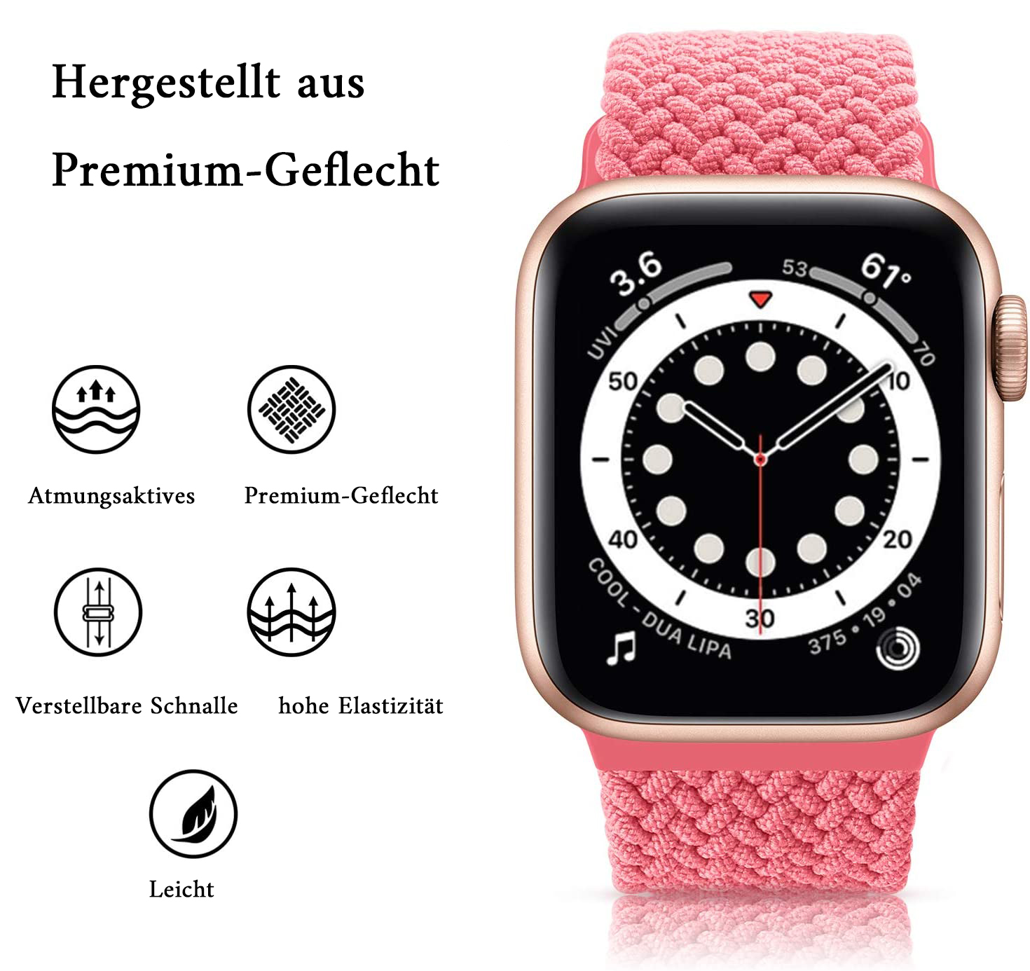Roségoldene Apple Watch mit pink gewebtem Armband. Zifferblatt zeigt Zeit und Gesundheitsdaten an. Text auf Deutsch.