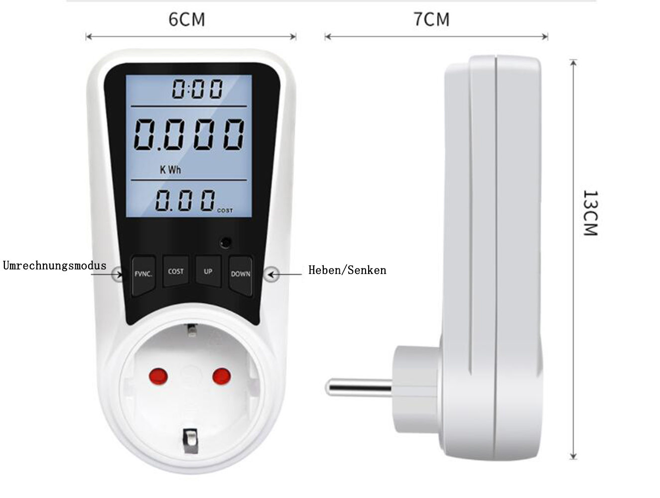 Ein weißer Stromzähler mit Digitalanzeige zeigt Messwerte an. Er hat Stecker und Steckdose. Abmessungen sind in cm angegeben.