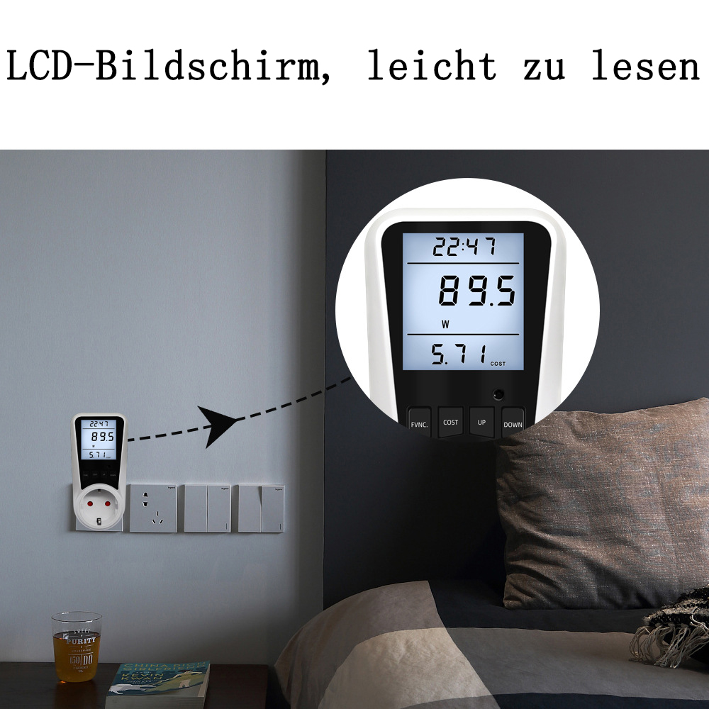 Ein Stromzähler zeigt 22:47, 89,5W und 5,71 Kosten an. Er ist an eine Steckdose angeschlossen, in der Nähe sind Lichtschalter. Im Hintergrund ein Bett.