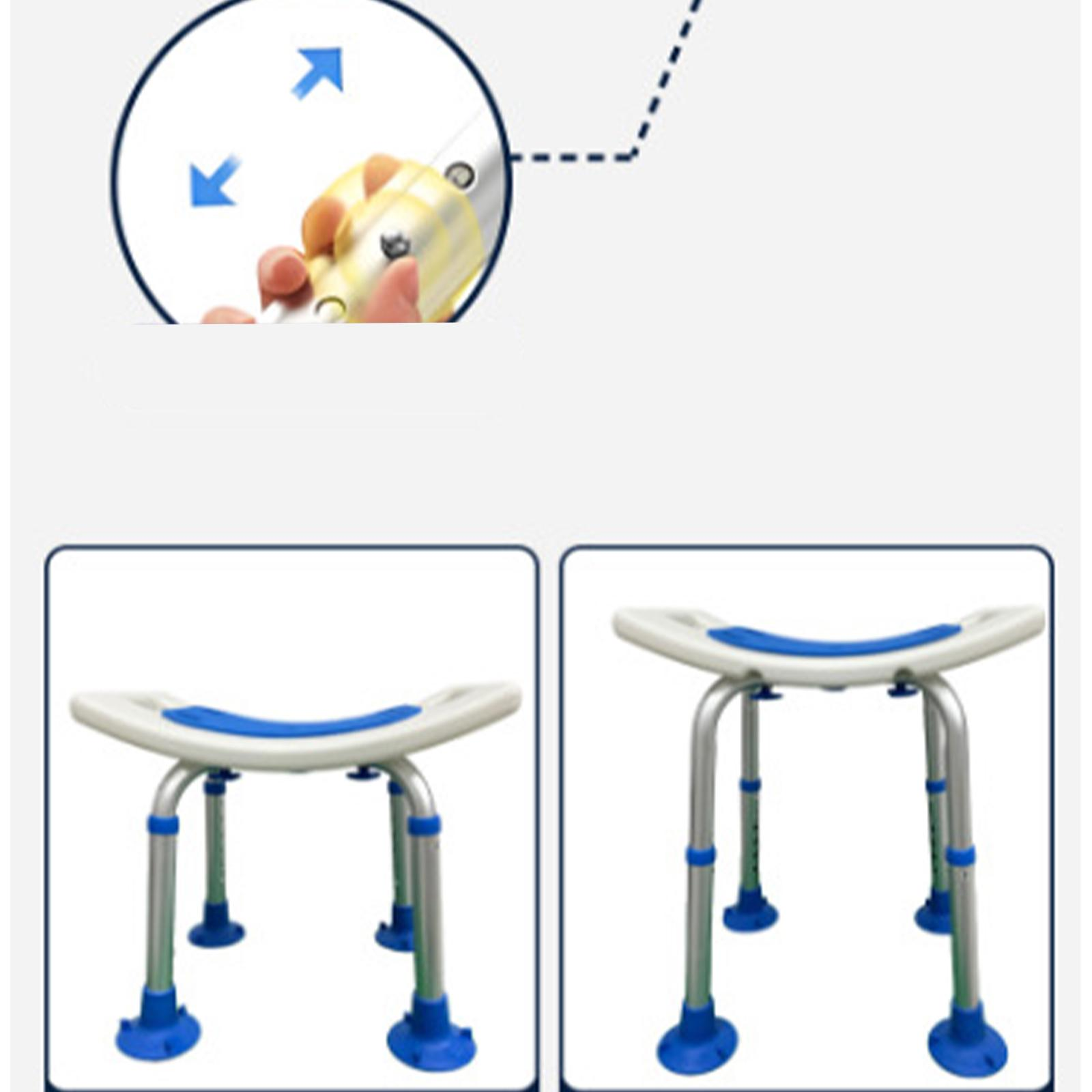 Das Bild zeigt einen Badestuhl mit weißem Sitz und blauen Details. Eine Hand stellt einen Teil davon ein.