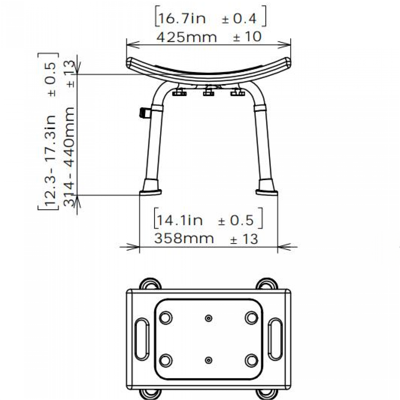 Diagramm eines Duschsitzes mit Abmessungen in Zoll und Millimetern. Enthält Draufsicht und Seitenansicht.