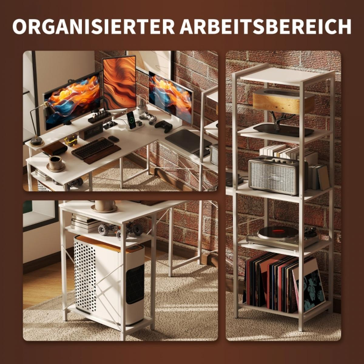 Ein organisierter Arbeitsplatz mit weißem Schreibtisch, Monitoren, Computer und Regal mit Büchern, Lautsprecher und Schallplatten. Ziegelwand.