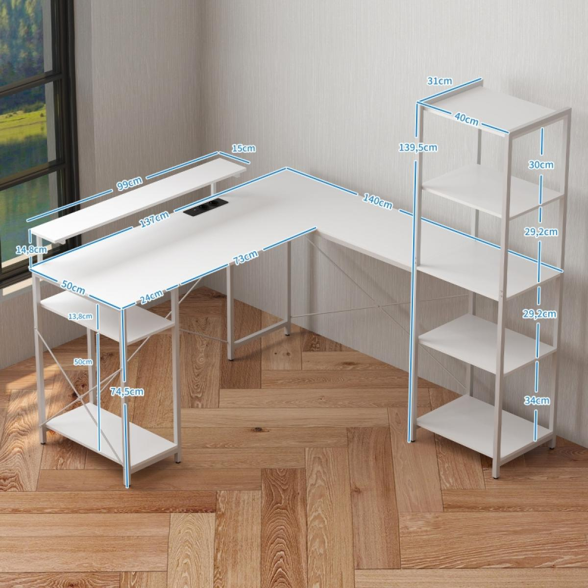 Ein weißer L-förmiger Schreibtisch mit Regal und separatem Regal. Maße sind angegeben.