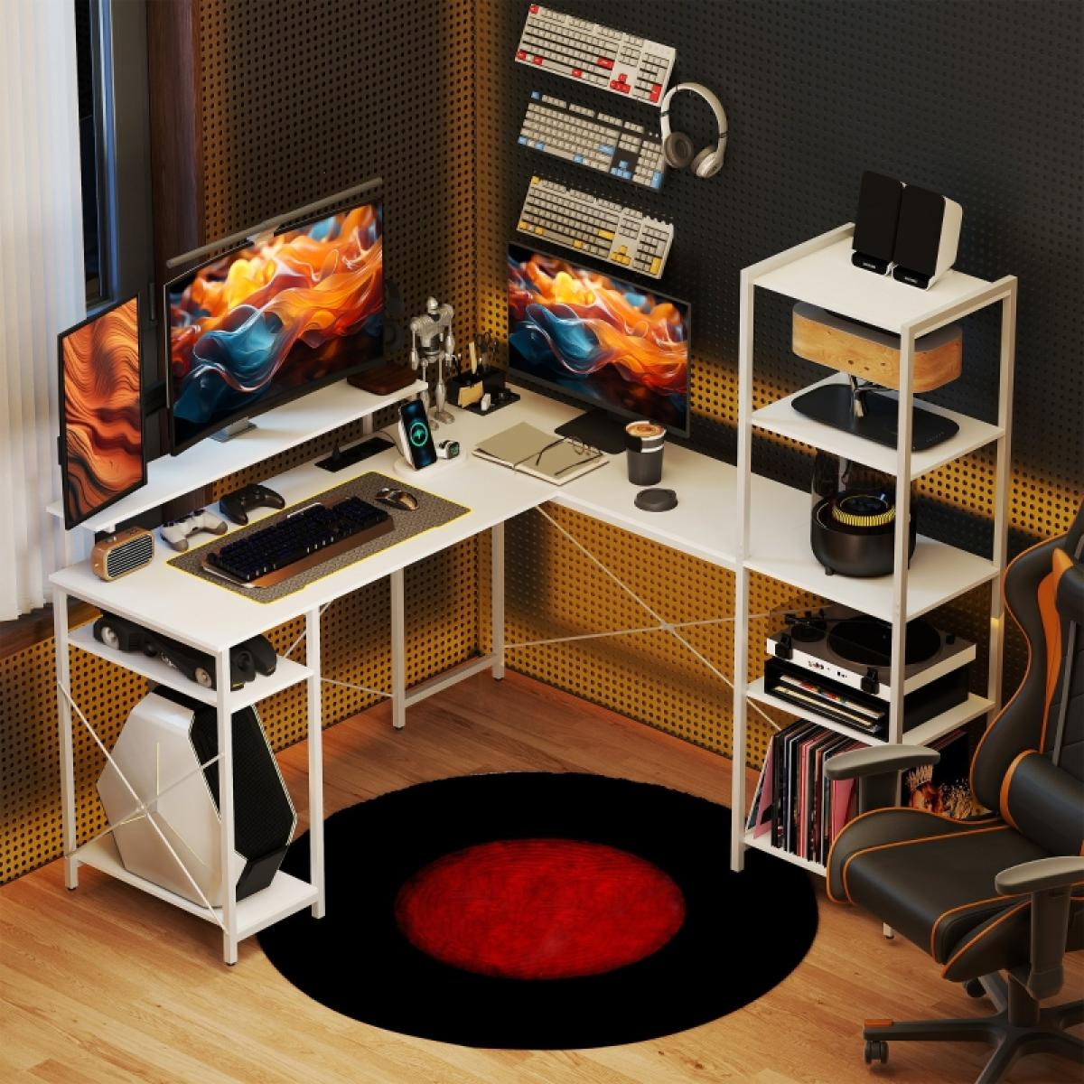 Gaming-Setup mit zwei Monitoren, Tastaturen, Kopfhörern und einem schwarzen und roten Teppich.