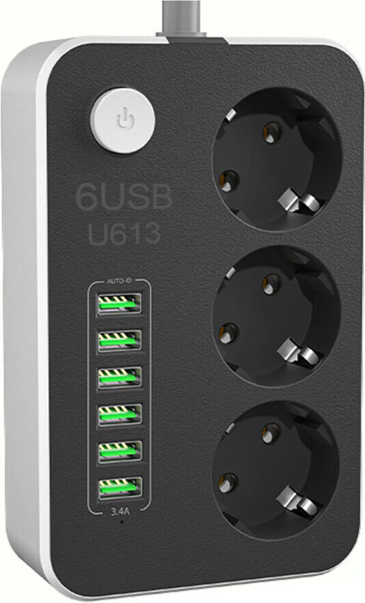 Ein schwarzer Stromverteiler mit sechs USB-Anschlüssen und drei Steckdosen. Er hat einen weißen Einschaltknopf und einen 3,4A-Ausgang.