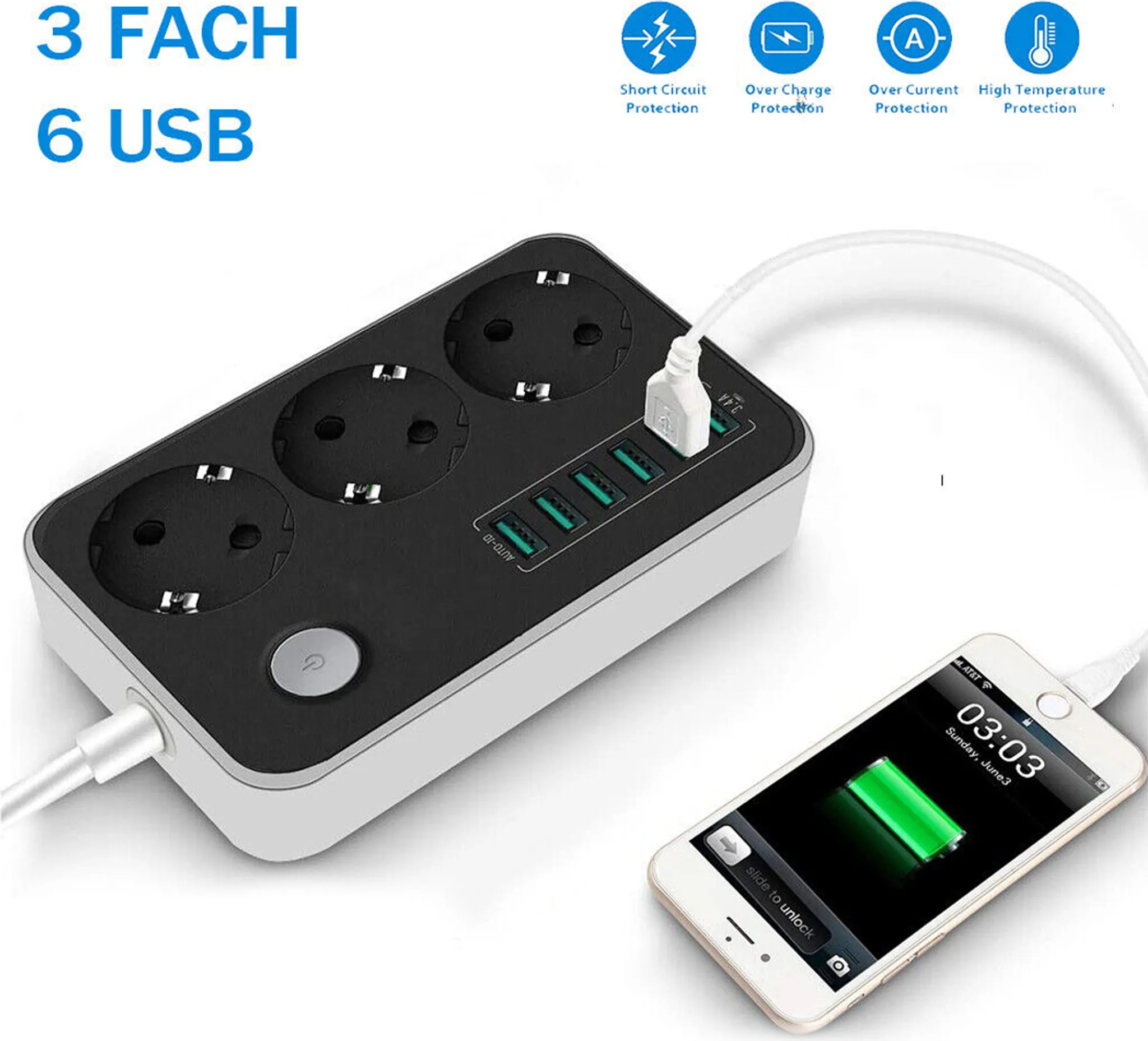 Ein schwarz-weißes Stromkabel mit 3 Steckdosen und 6 USB-Anschlüssen ist mit einem Telefon verbunden, das einen Ladebildschirm anzeigt.