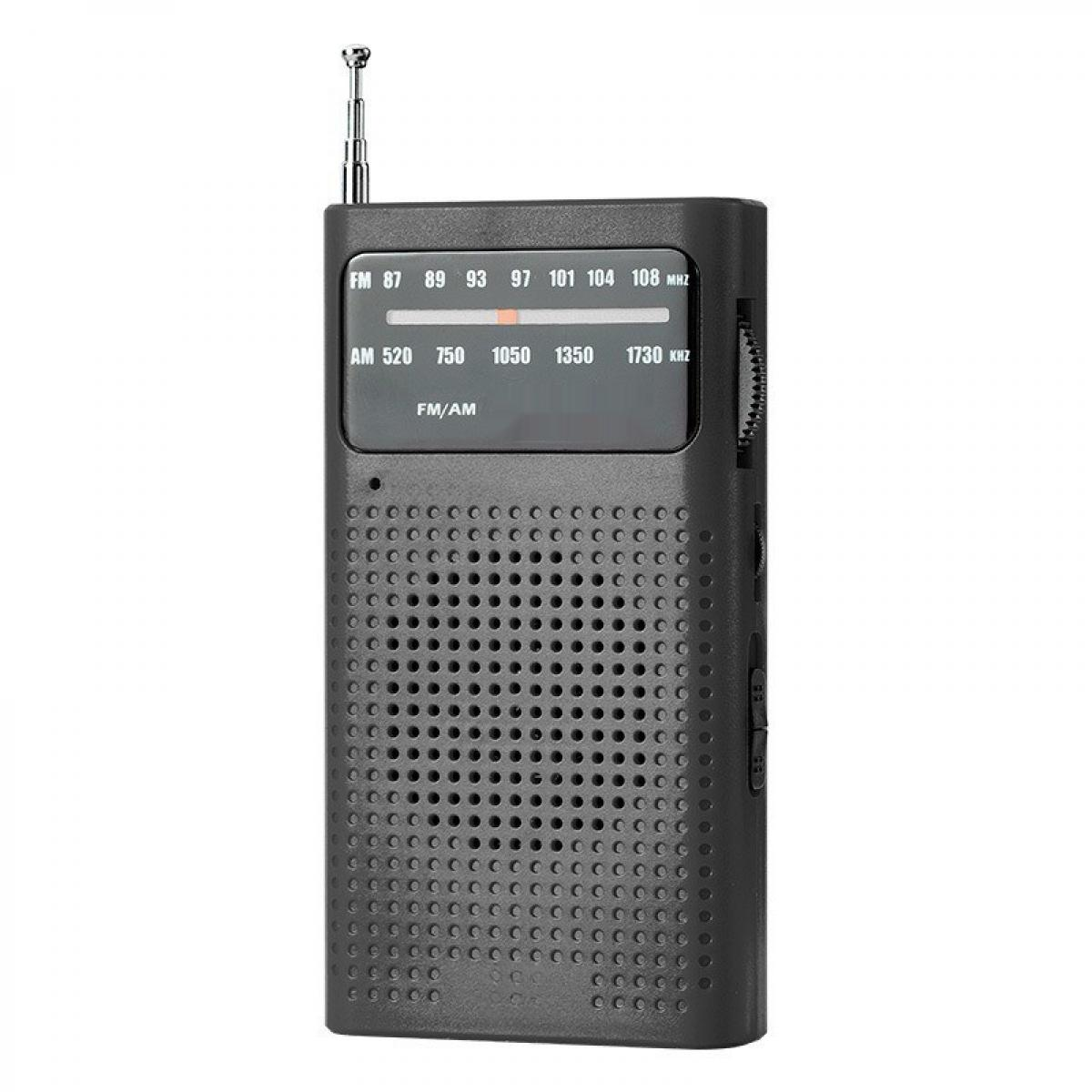 Ein schwarzes tragbares Radio mit Antenne. Zeigt FM/AM-Frequenzen an. Ein Lautsprechergitter bedeckt den unteren Teil.