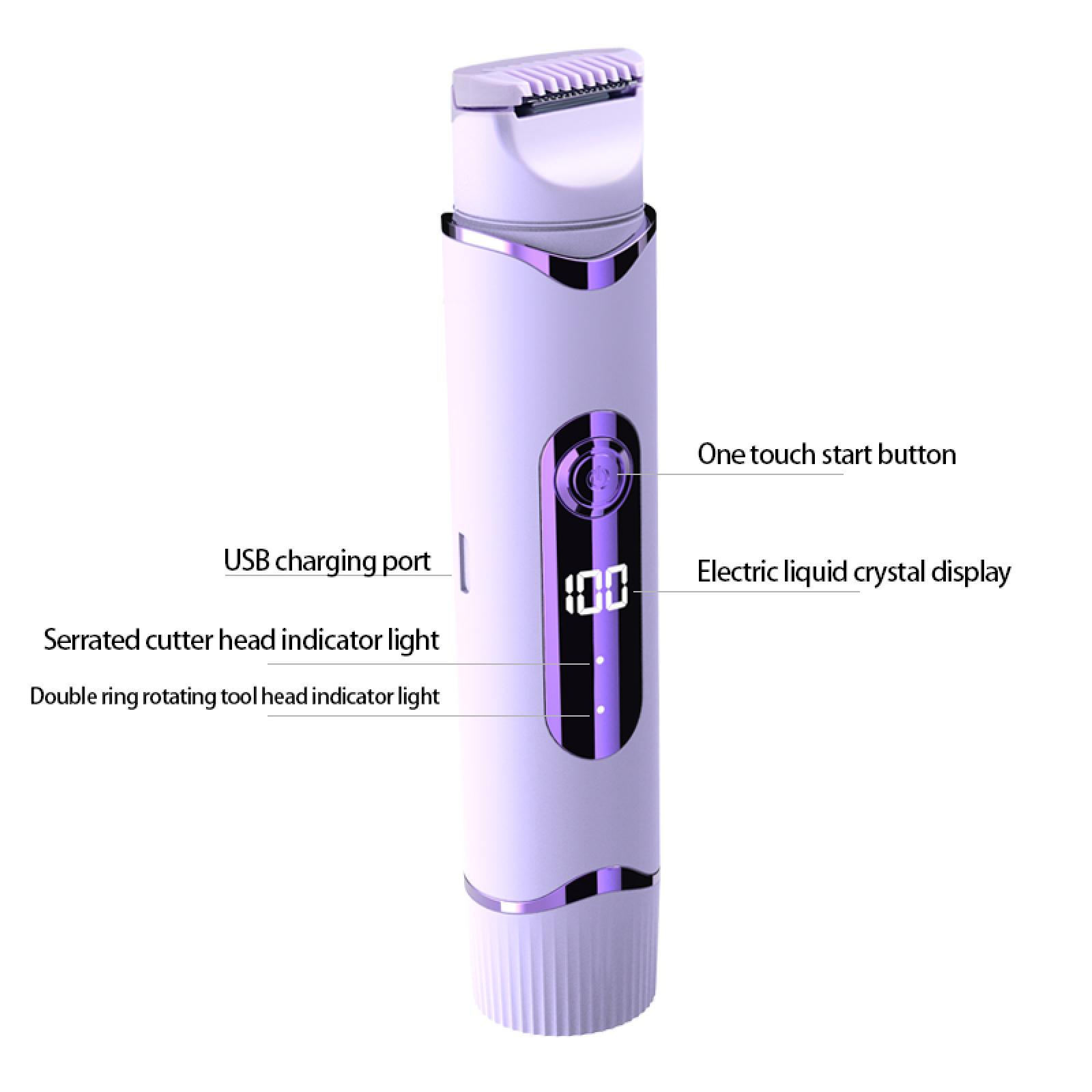 Ein weiß-violetter Elektrorasierer. Zu den Merkmalen gehören ein USB-Ladeanschluss, ein LCD-Display und eine Starttaste.