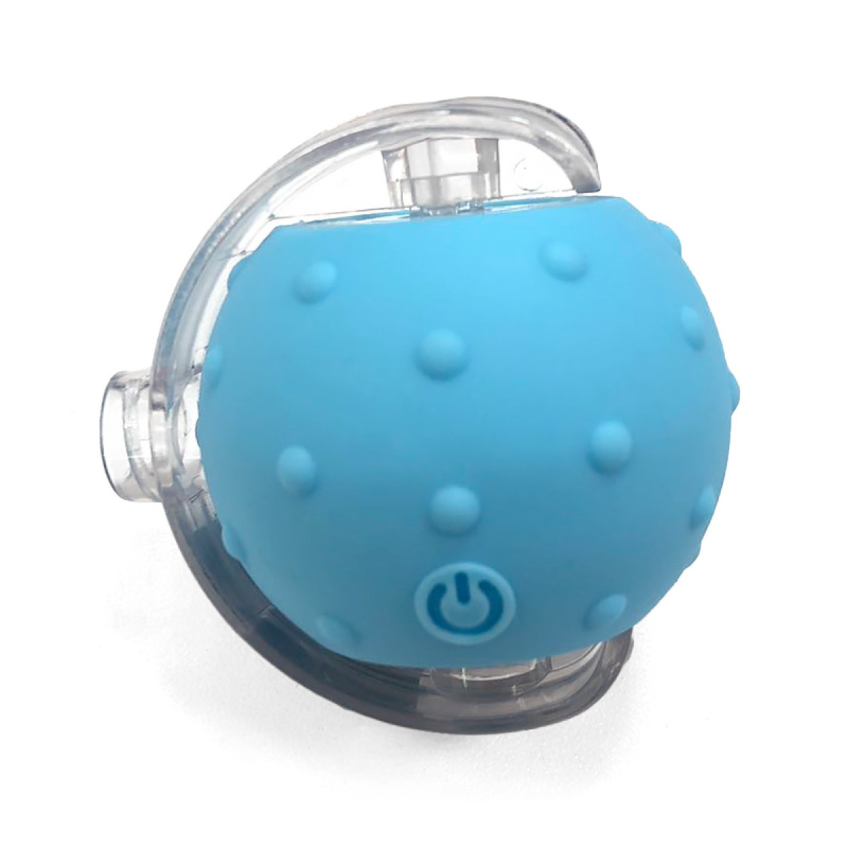 Una esfera azul texturizada con un botón de encendido, sujeta a un marco de plástico transparente. El dispositivo está sobre un fondo blanco.