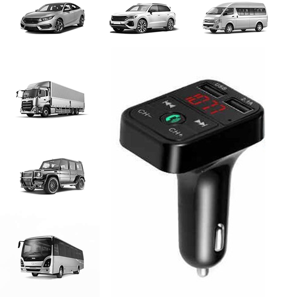 Das Bild zeigt verschiedene Fahrzeuge und einen schwarzen FM-Transmitter für Autos mit digitaler Anzeige, USB-Anschlüssen und Tasten.