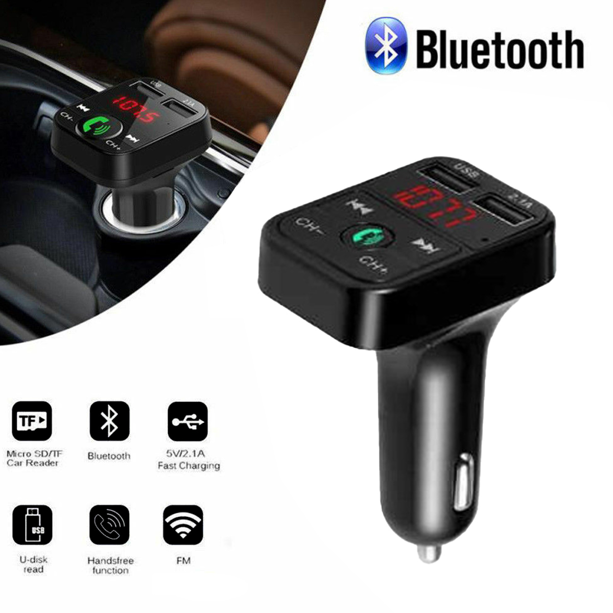Ein schwarzes Bluetooth-Autoladegerät mit digitaler Anzeige, die die Radiofrequenz anzeigt. Symbole für TF-Karte, Bluetooth, USB und FM werden angezeigt.