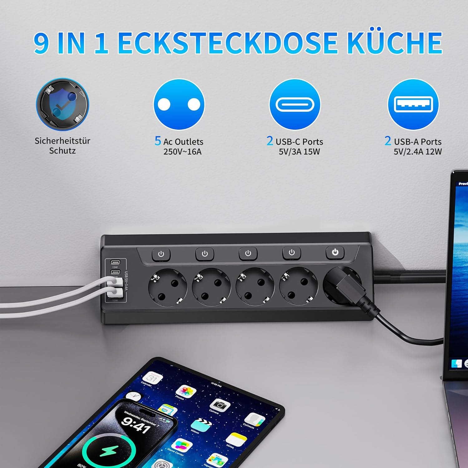 Ein schwarzer Steckerleiste mit Steckdosen und USB-Anschlüssen. Ein Tablet wird im Vordergrund geladen. Symbole zeigen verschiedene Funktionen.