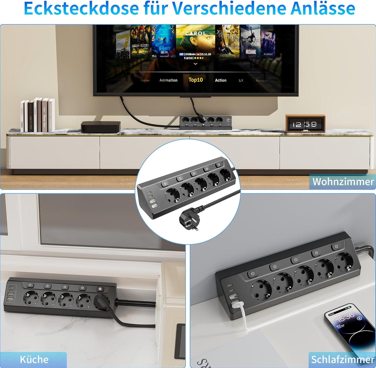 Eine Steckdosenleiste mit mehreren Steckdosen und USB-Anschlüssen. Sie wird in verschiedenen Umgebungen wie Küche, Wohnzimmer und Schlafzimmer gezeigt.