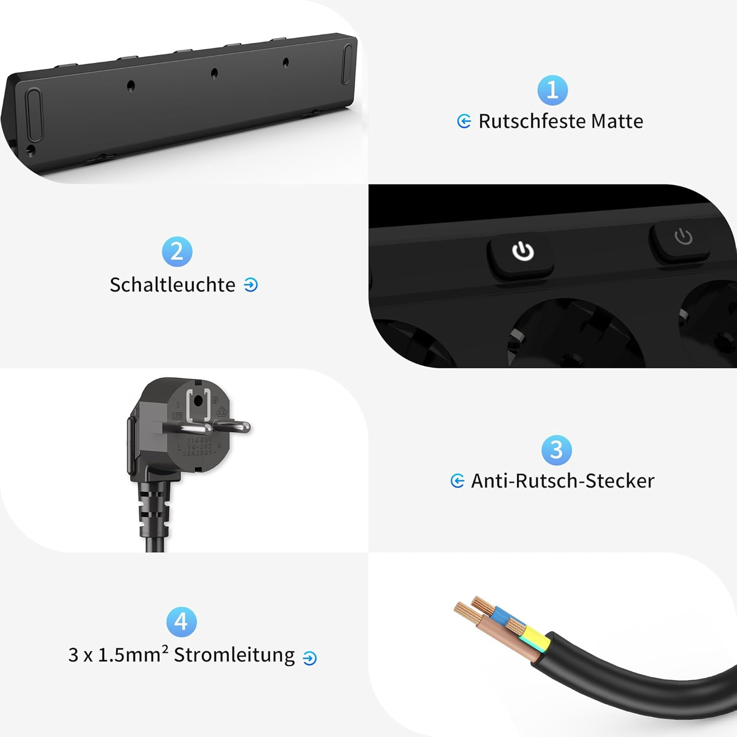 Schwarze Steckdosenleiste mit mehreren Steckdosen und einem Netzkabel. Details zeigen einen Stecker, interne Drähte und den Ein-Aus-Knopf.