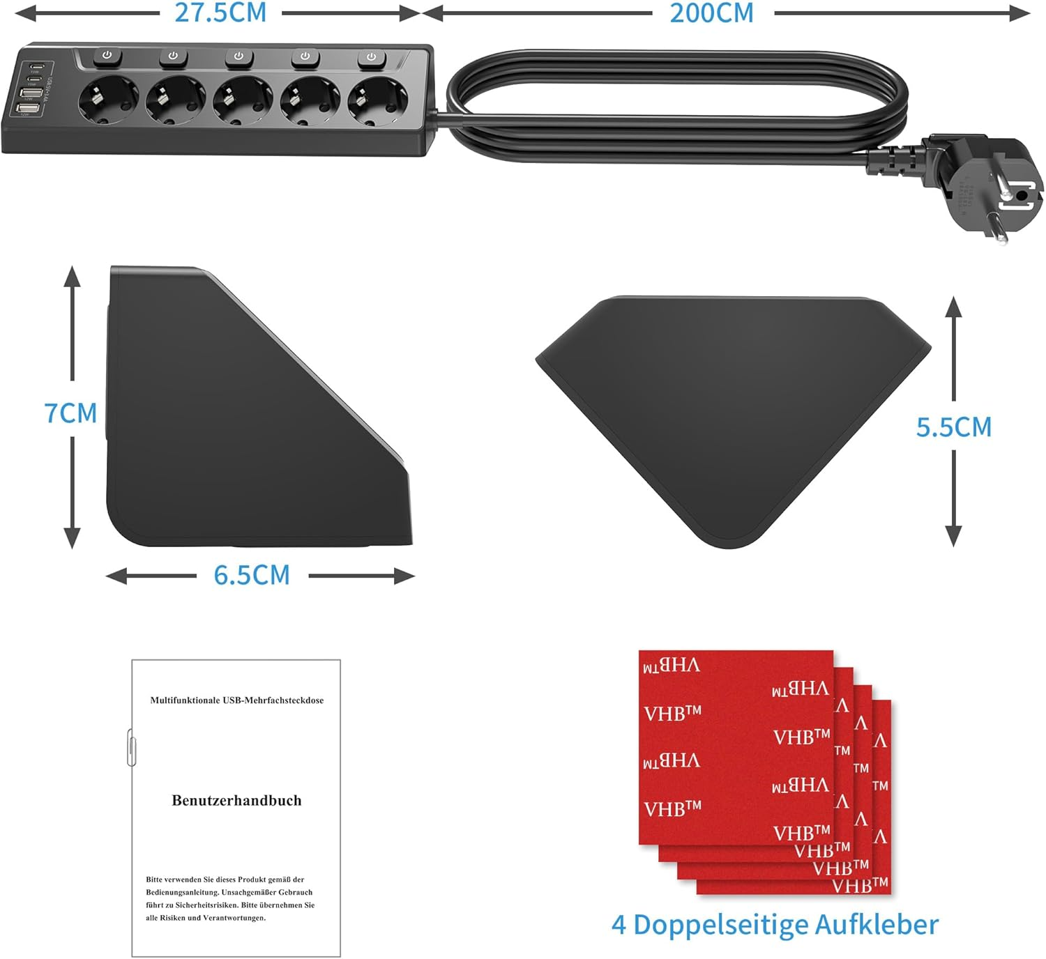Schwarze Steckdosenleiste mit mehreren Steckdosen und USB-Anschlüssen, Abmessungen notiert. Enthält ein Handbuch, ein Pad und Klebepads.