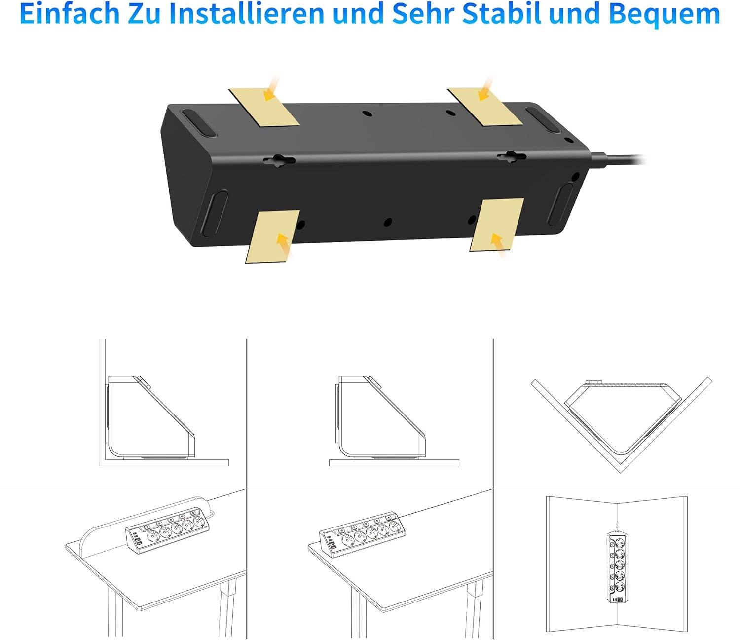 Ein schwarzer Steckerleiste mit gelben Haftnotizen, Illustrationen verschiedener Installationsoptionen und deutschem Text oben.