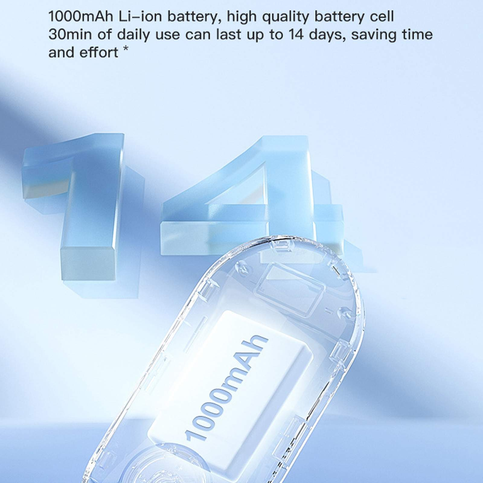 Nahaufnahme zeigt Akku mit 1000mAh. Die Zahl 14 ist im Hintergrund.