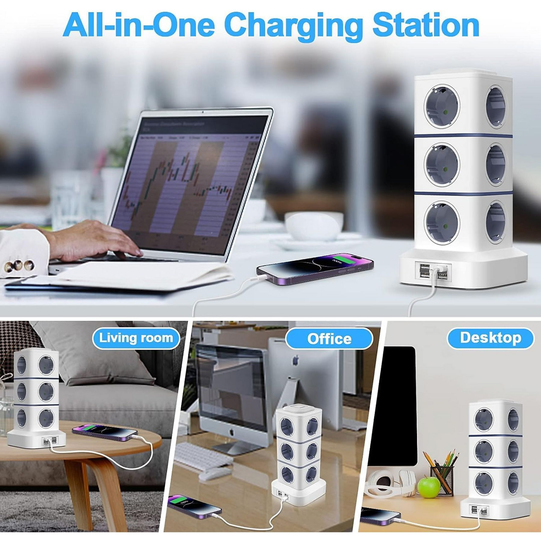 Eine All-in-One-Ladestation mit Laptop, Telefon und drei Szenen: Wohnzimmer, Büro und Desktop, jeweils mit Ladestation.
