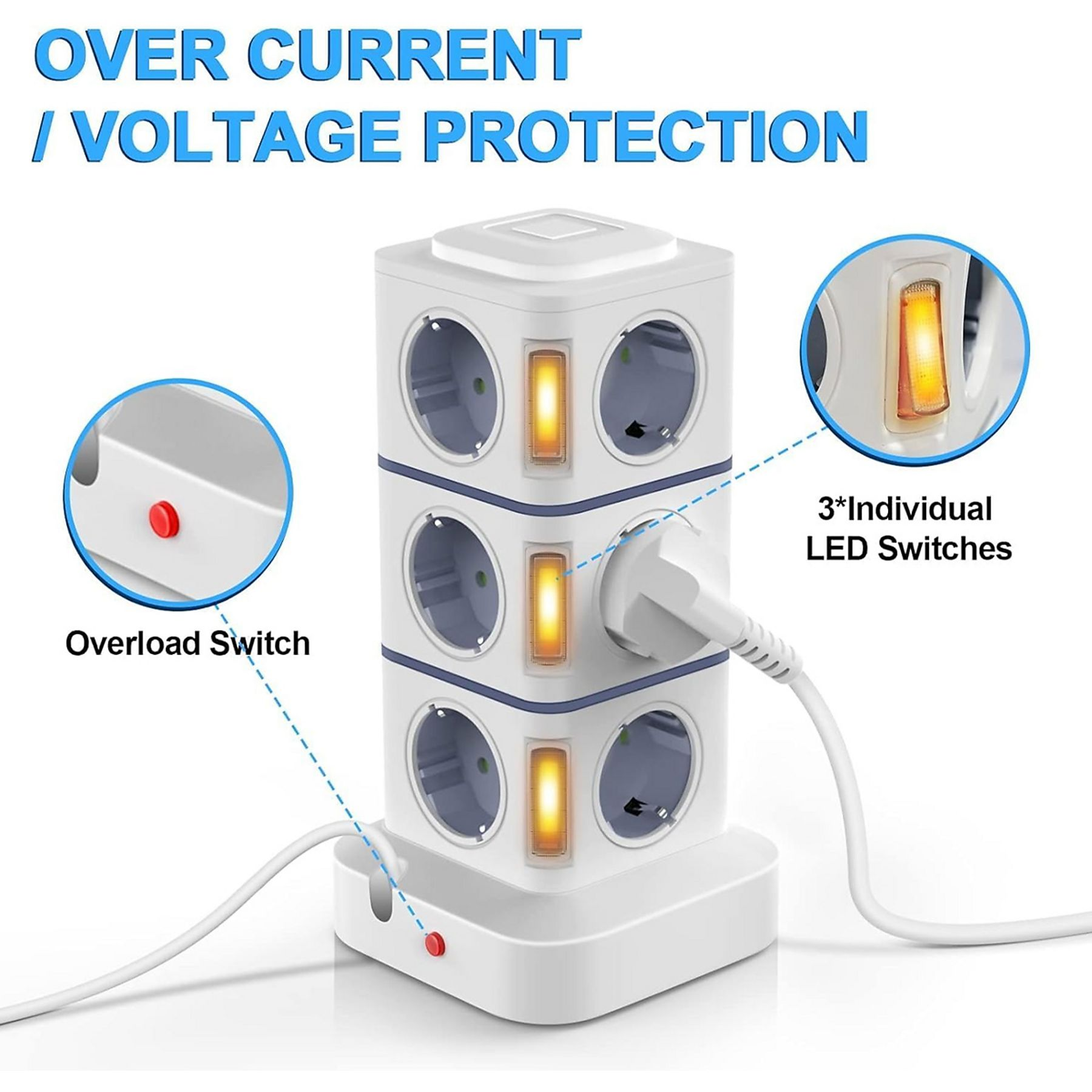 Weißes Verlängerungskabel mit mehreren Steckdosen, LED-Anzeigen und einem Stecker. Es hat Überlast- und Spannungsschutz.
