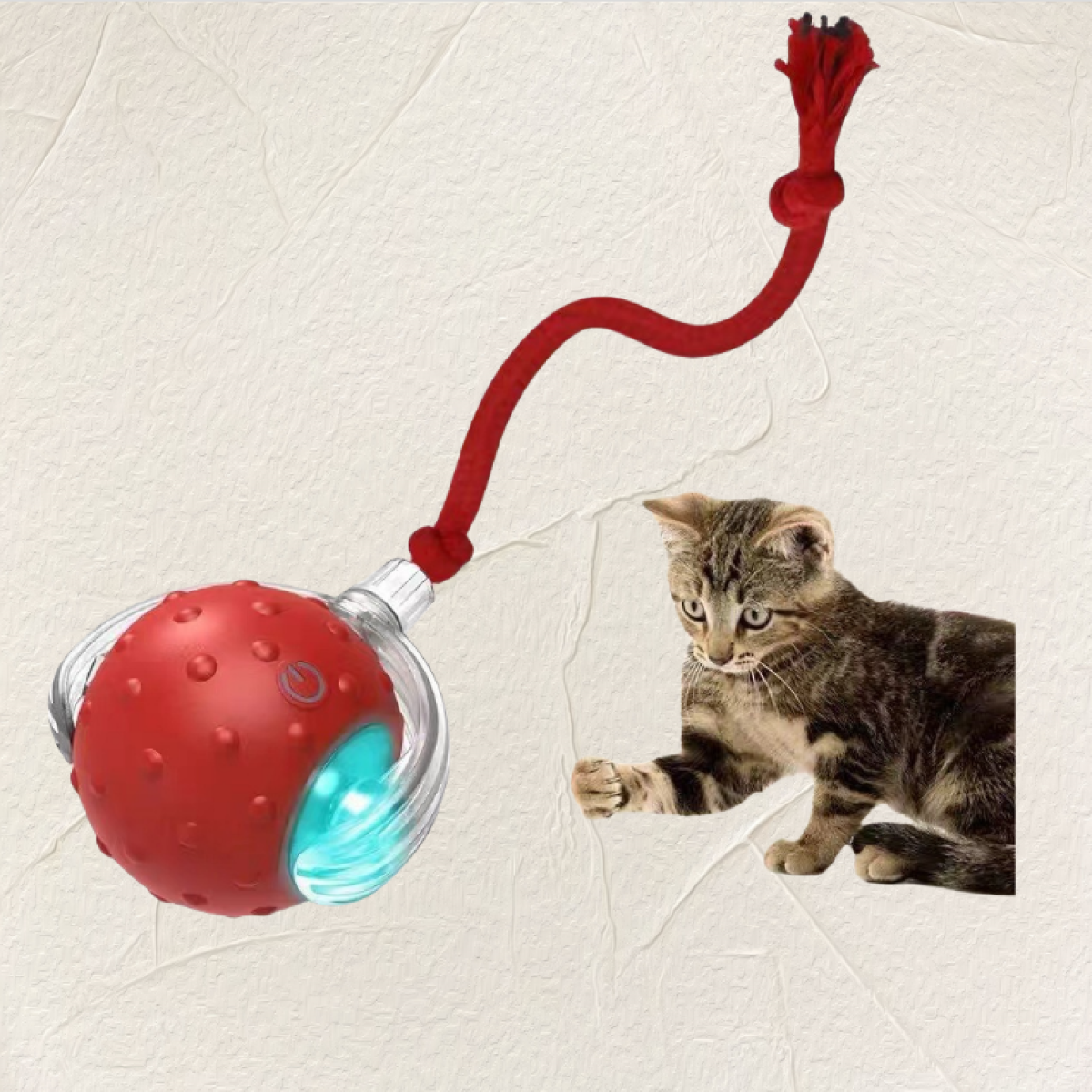 Un gato atigrado mira un juguete de pelota roja con una cuerda. La pelota tiene una luz dentro y se sostiene contra un fondo texturizado.