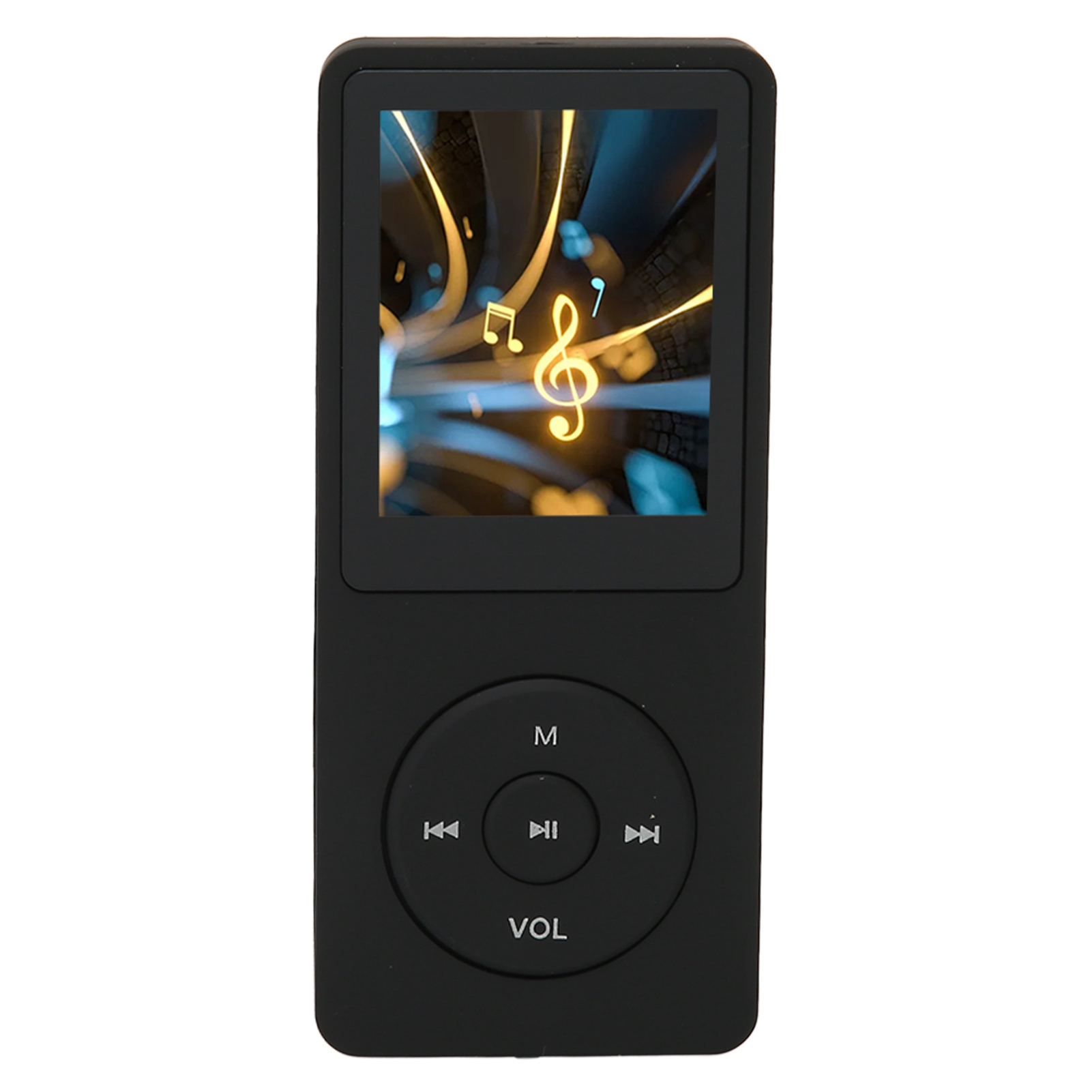 Schwarzer MP3-Player mit Bildschirm, der Noten anzeigt. Tasten zur Steuerung und Lautstärke befinden sich unter dem Bildschirm.