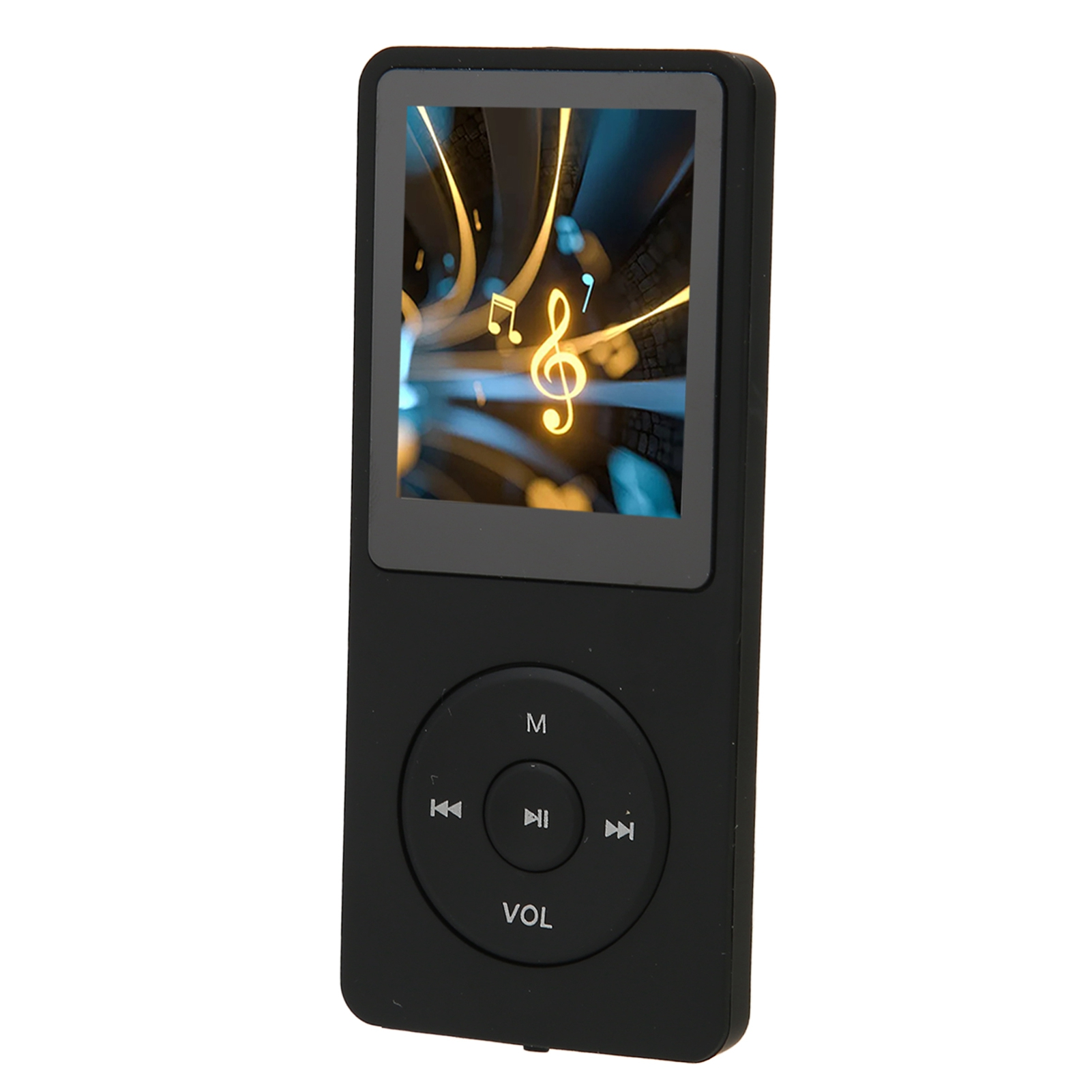 Ein schwarzer MP3-Player mit Bildschirm, der Noten anzeigt. Es hat Steuertasten für die Wiedergabe und Lautstärke.