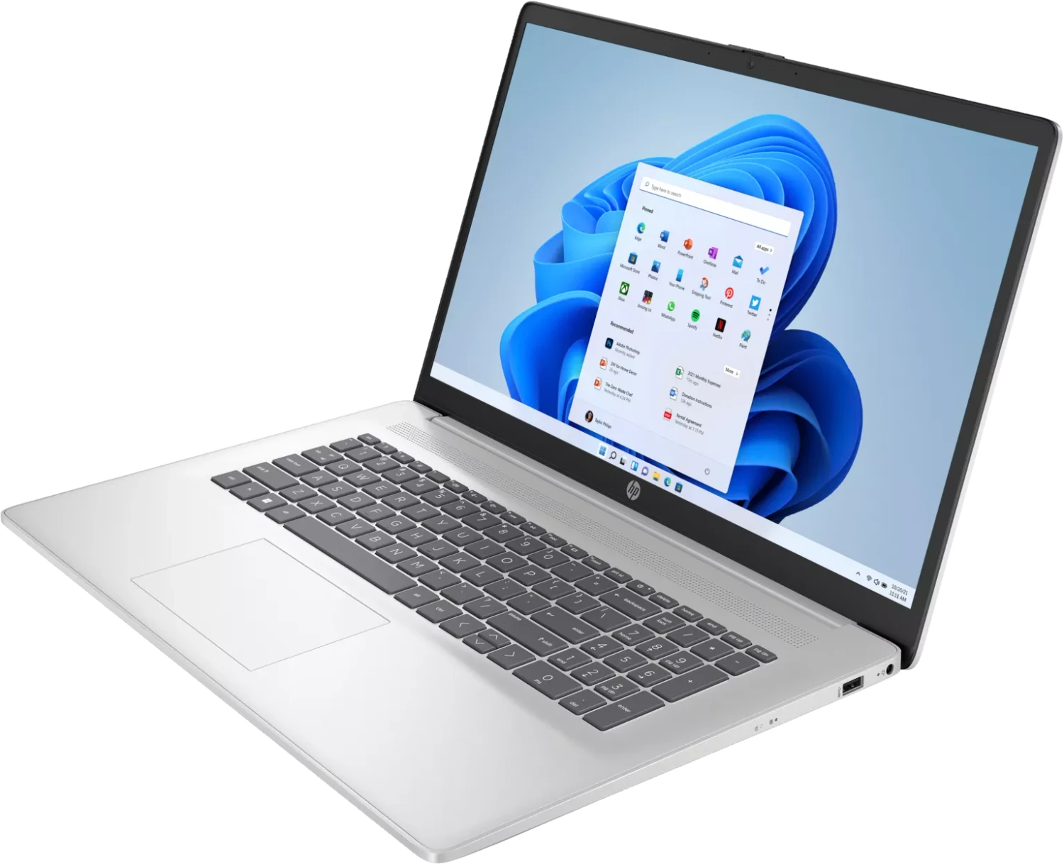 Silberner HP-Laptop, geöffnet, zeigt die Windows 11-Oberfläche. Tastatur sichtbar, Bildschirm mit Apps und blauem Hintergrund.