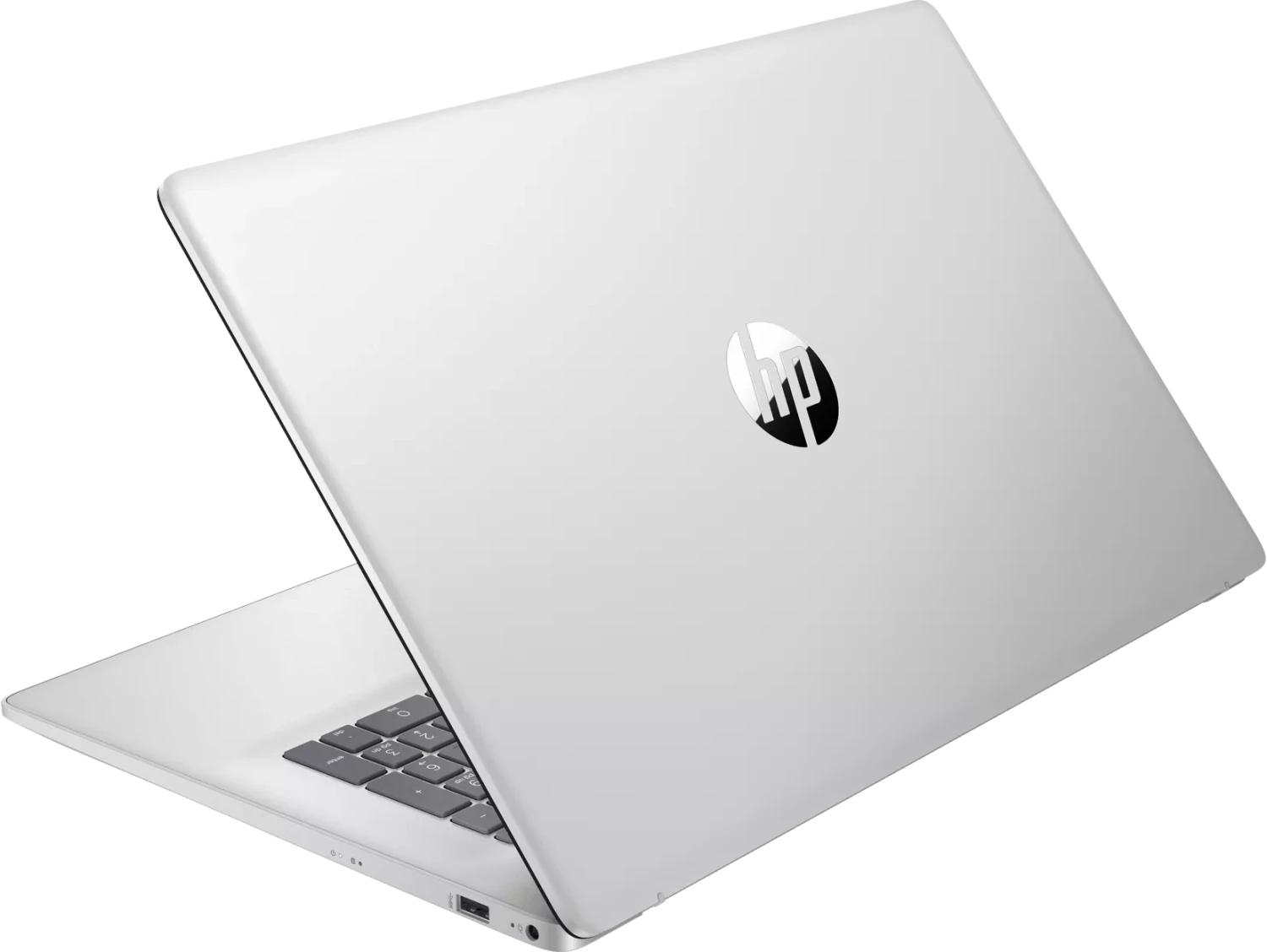 Ein silberner HP-Laptop ist leicht geöffnet. Das HP-Logo ist auf dem Deckel sichtbar. Die Tastatur ist sichtbar, einige Tasten sind im Fokus.