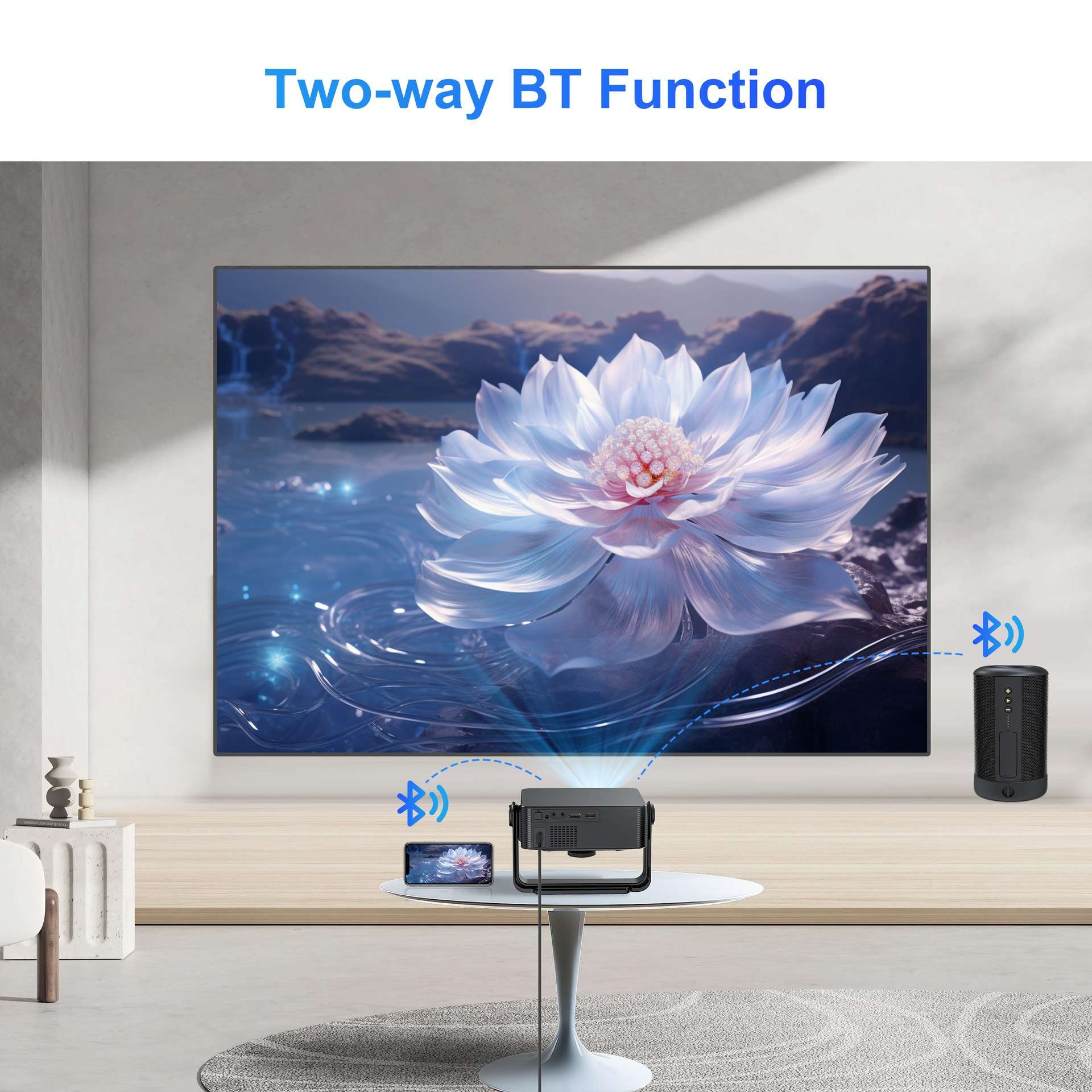 Ein Projektor- und Lautsprecher-Setup mit einem großen Bildschirm, der eine Blume zeigt. Bluetooth-Symbole zeigen die Konnektivität an.