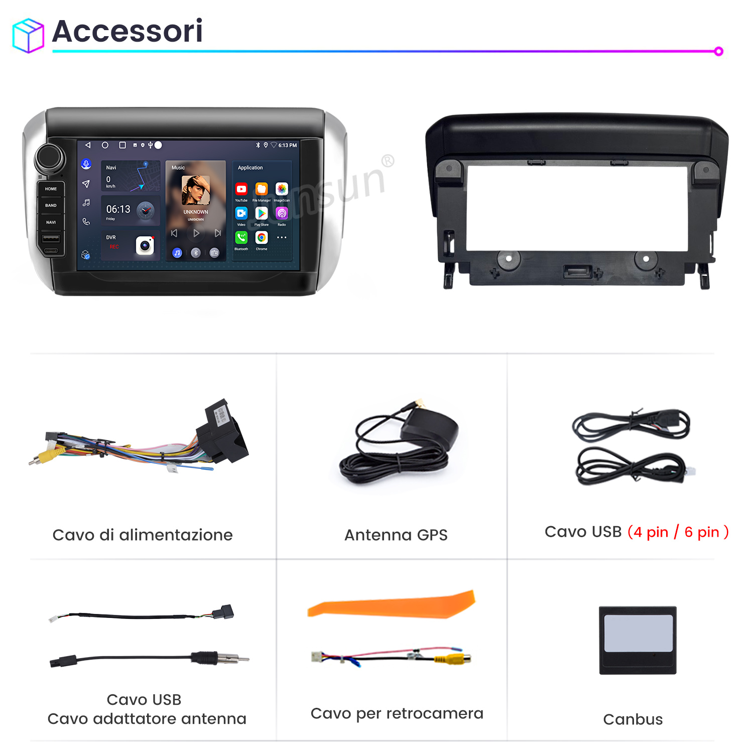 Autoradio con schermo che mostra musica e app, e accessori come cavi e antenna GPS.
