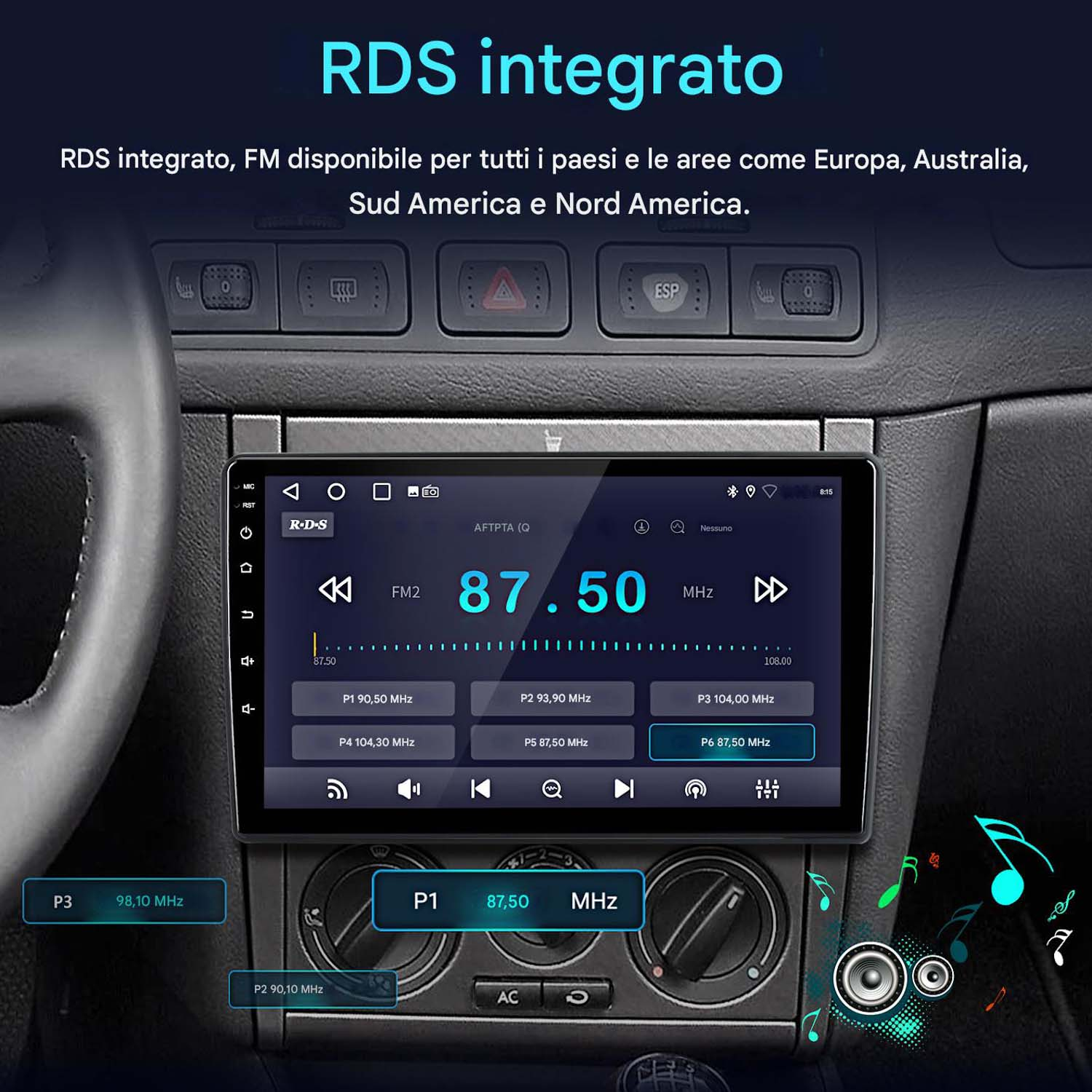 Schermo autoradio che mostra la frequenza FM 87.50 MHz. Pulsanti e interni auto visibili. Testo RDS integrato in alto.