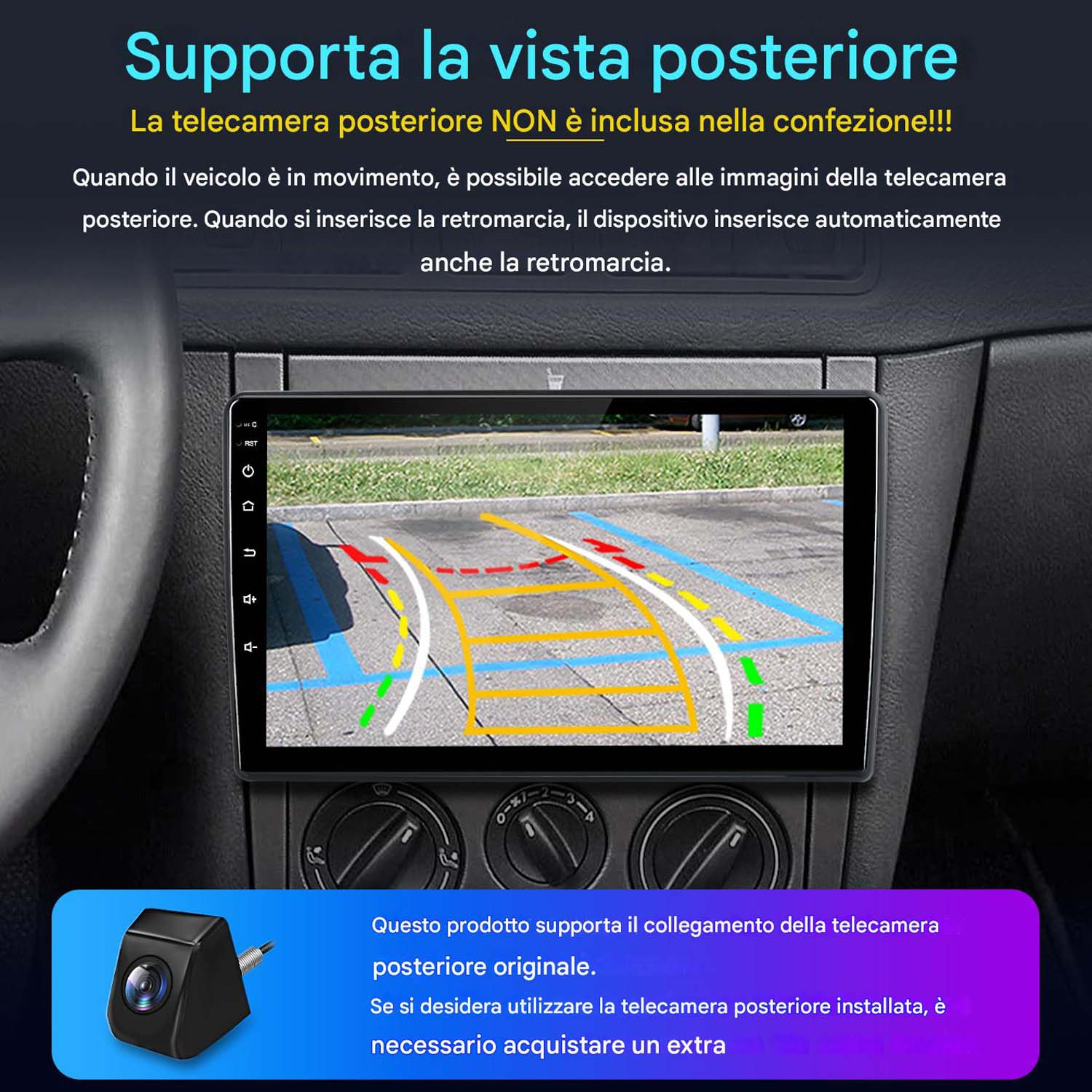 Cruscotto auto con schermo e linee di parcheggio. Il testo indica il supporto per la telecamera posteriore, non inclusa.