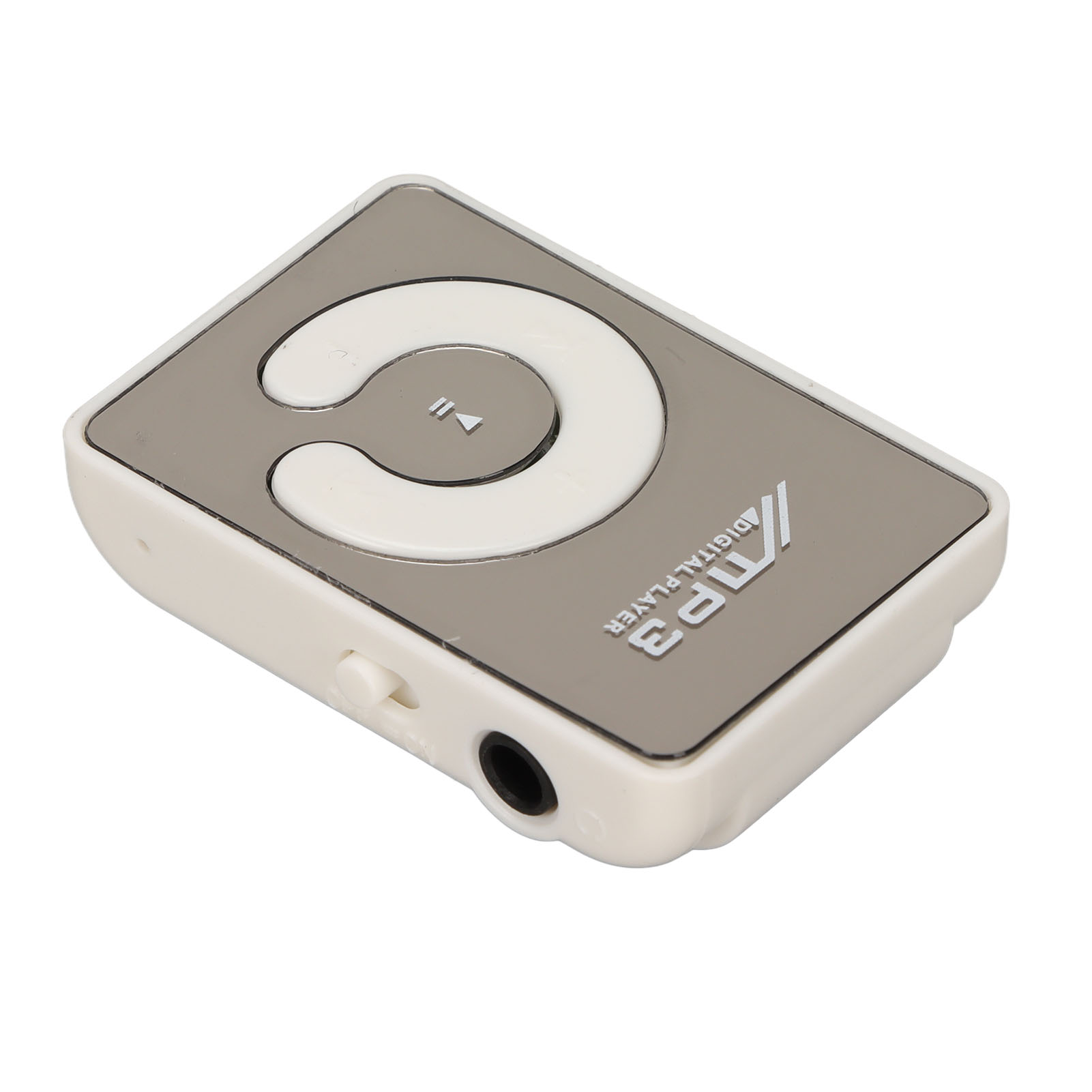 Ein weißer und silberner MP3-Player. Er hat eine kreisförmige Steuertaste und eine Kopfhörerbuchse.