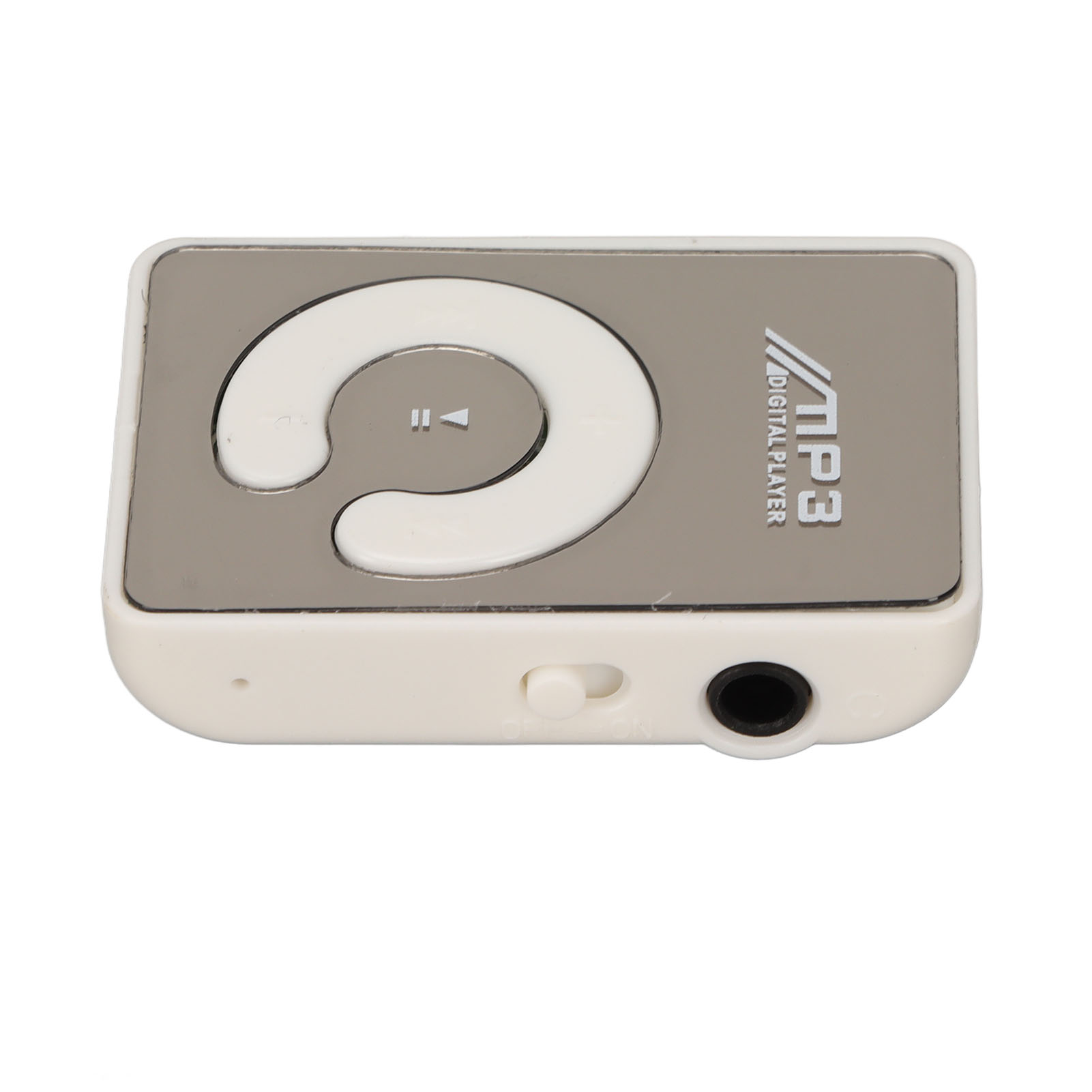 Ein weißer und silberner MP3-Digital-Player. Er hat eine weiße Steuertaste und eine schwarze Audiobuchse.