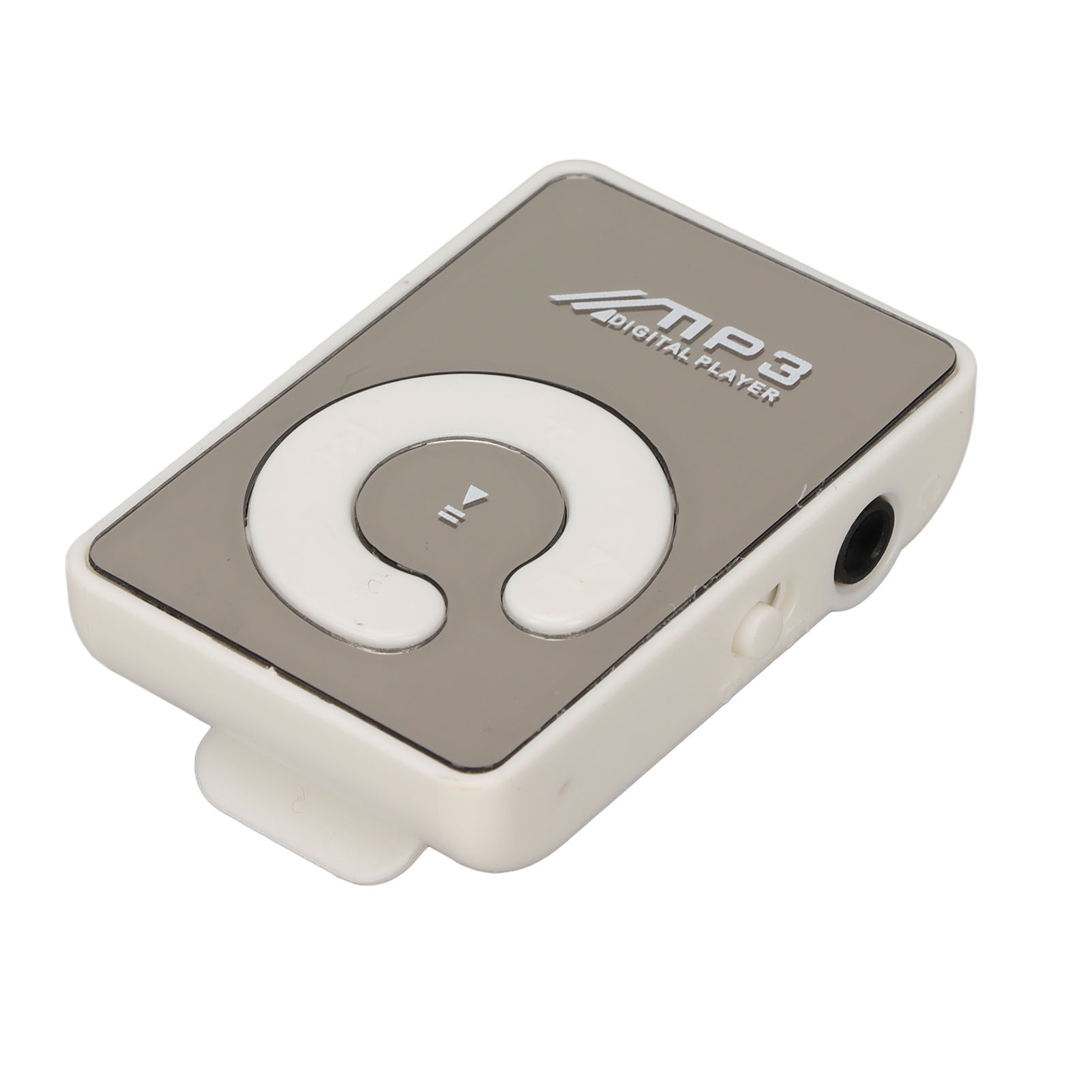 Silber-weißer MP3-Player. Er hat eine weiße Steuertaste und einen Clip. Der Text 'MP3 DIGITAL PLAYER' ist sichtbar.