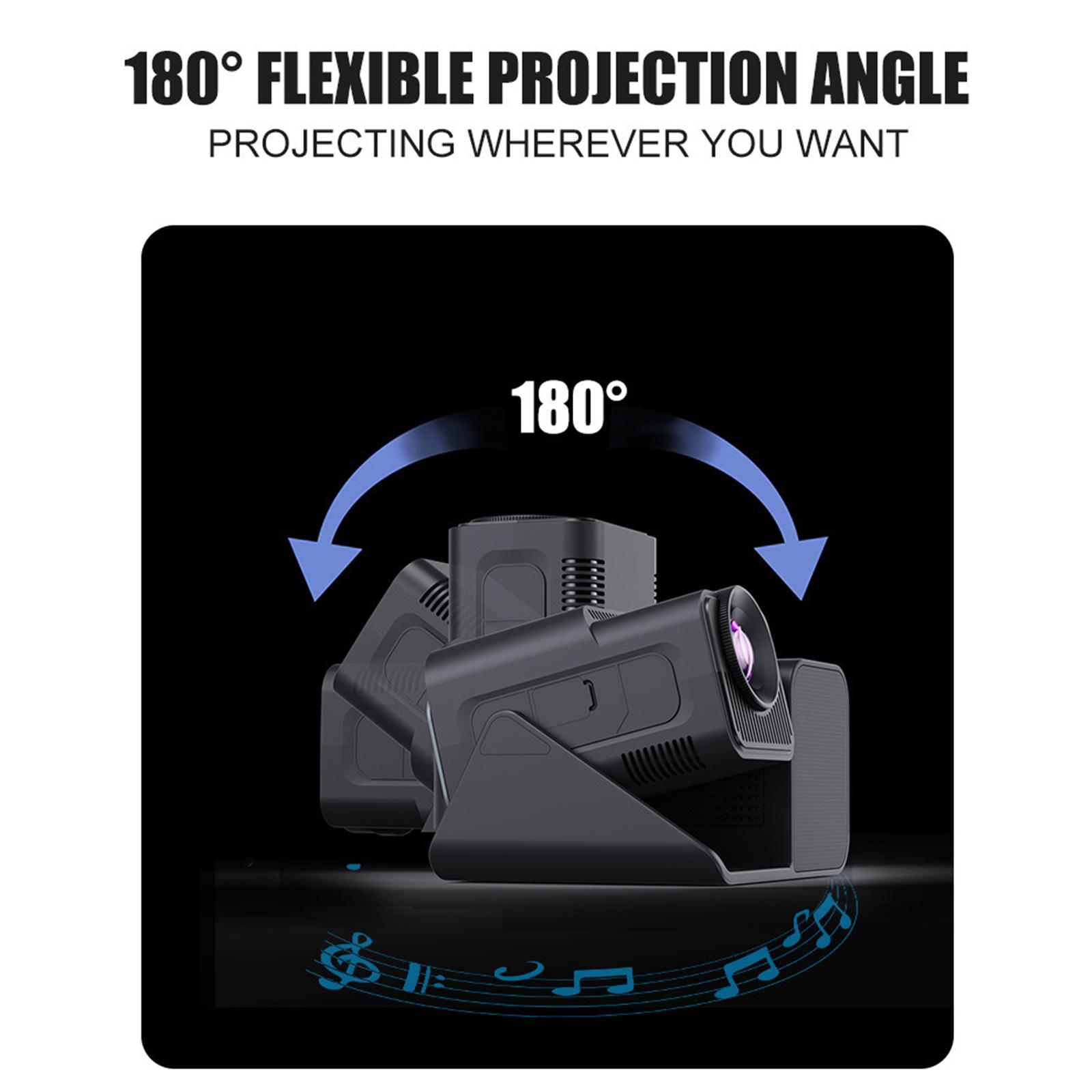 Schwarzer Projektor mit 180° Flexibilität. Blaue Noten unten. Der Hintergrund ist schwarz.