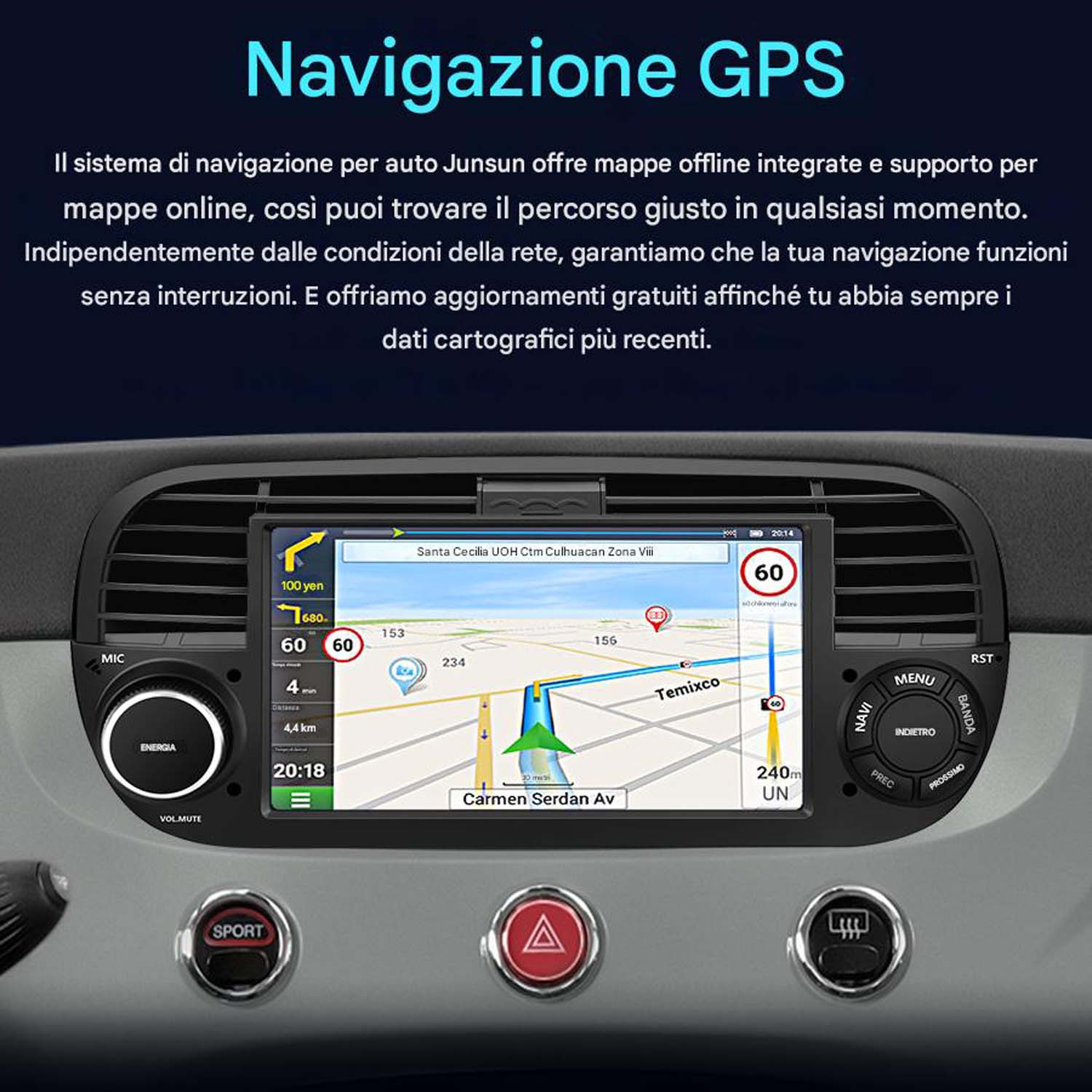 Cruscotto auto con navigazione GPS, dettagli velocità e mappa, circondato da pulsanti e comandi.