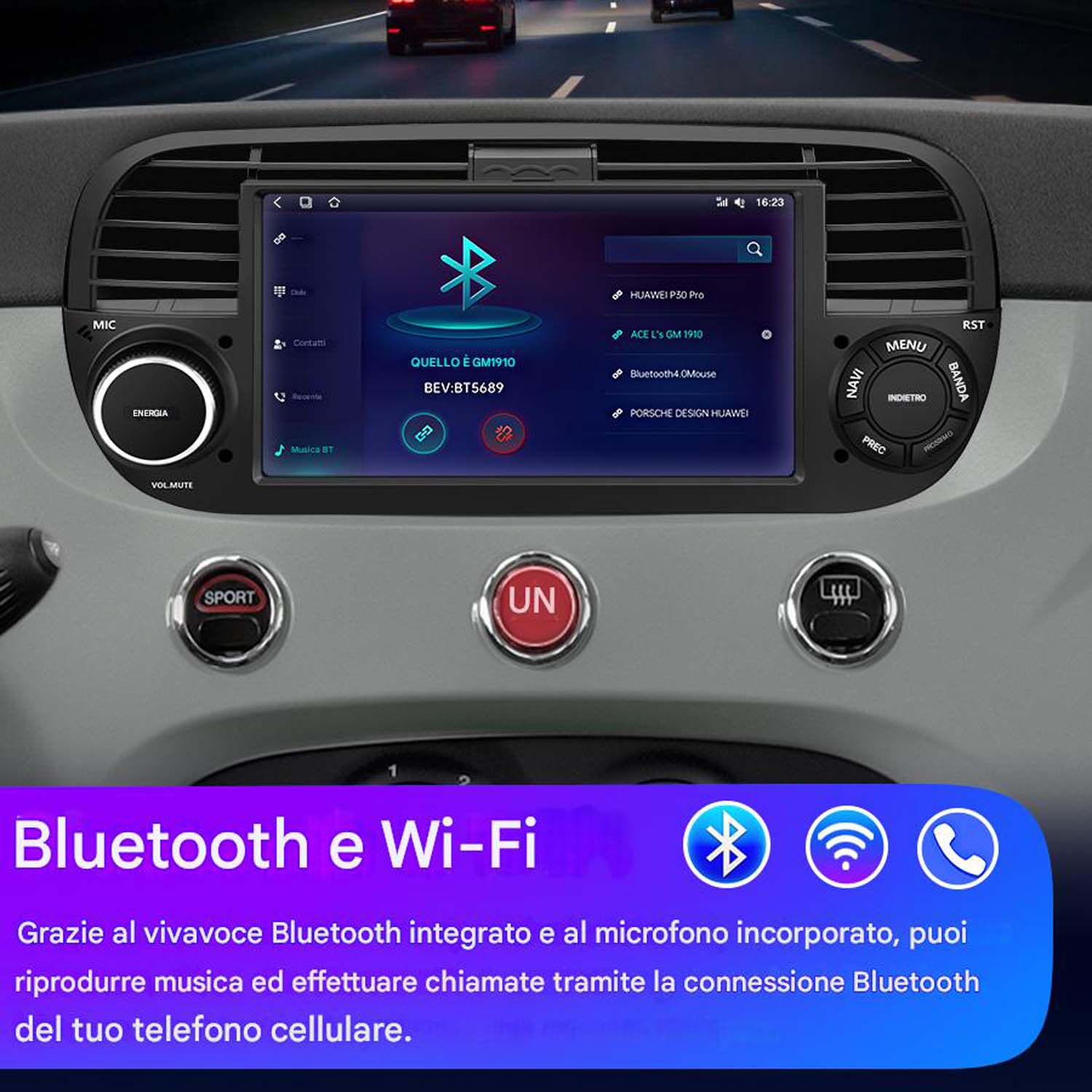 Cruscotto auto con logo Bluetooth e opzioni. Tasti volume, menu e sport visibili.