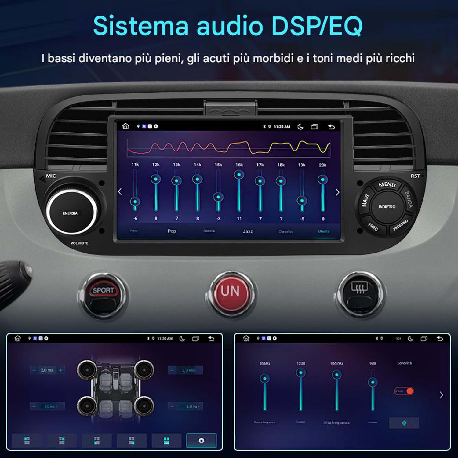Impianto audio per auto con schermo che mostra le impostazioni dell'equalizzatore. Pulsanti per volume, navigazione e stili musicali.