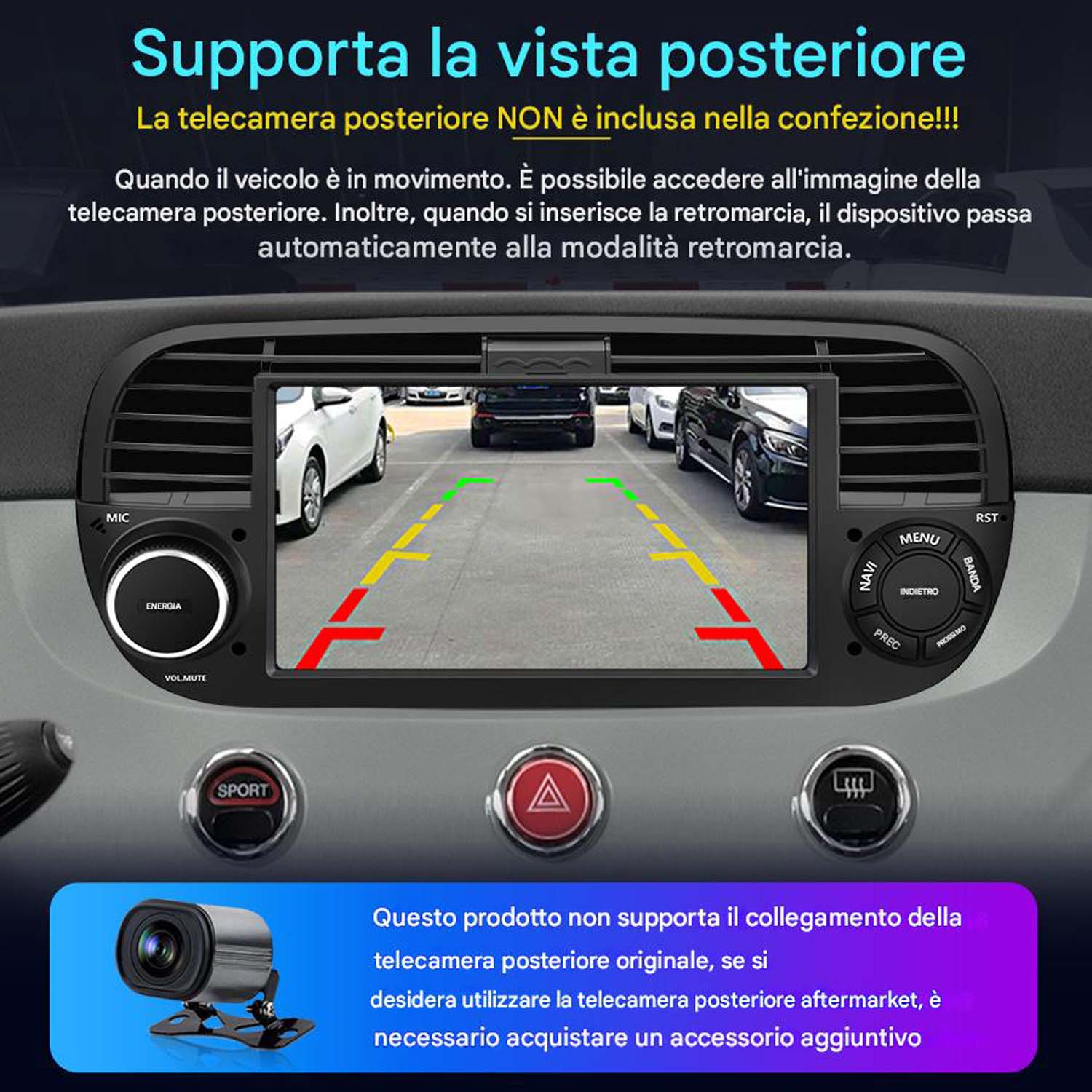 Cruscotto dell'auto che mostra la vista della telecamera posteriore. Le auto sono visibili sullo sfondo. Sono presenti anche pulsanti e una fotocamera.
