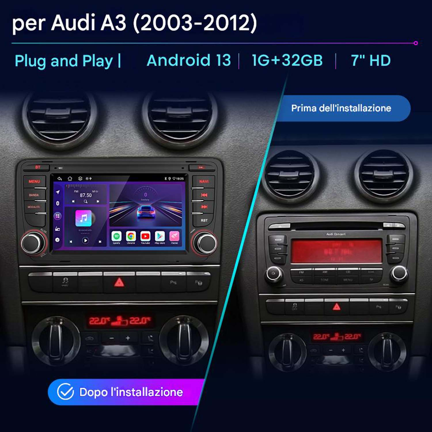 L'immagine mostra il cruscotto di un'Audi A3 prima e dopo l'installazione di un nuovo sistema Android. Schermo, comandi e bocchette.